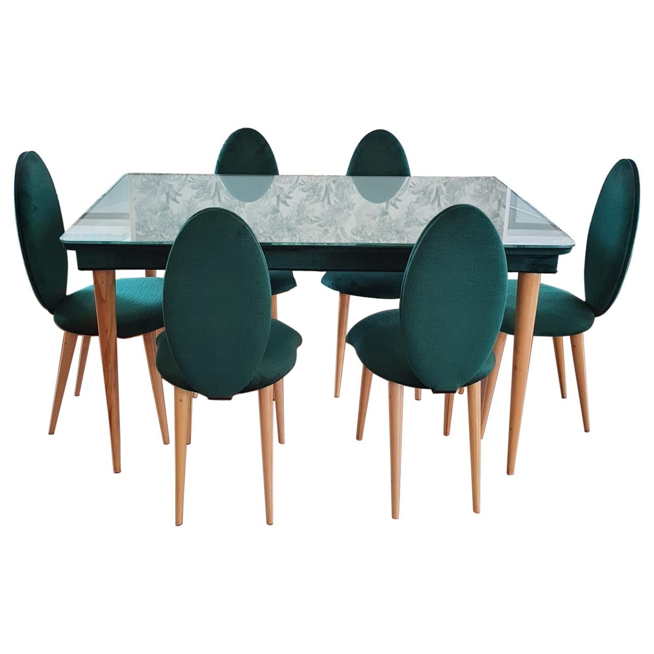 Midcentury Beech Wood and Fabric Dining Table & Six Chairs by Umberto Mascagni