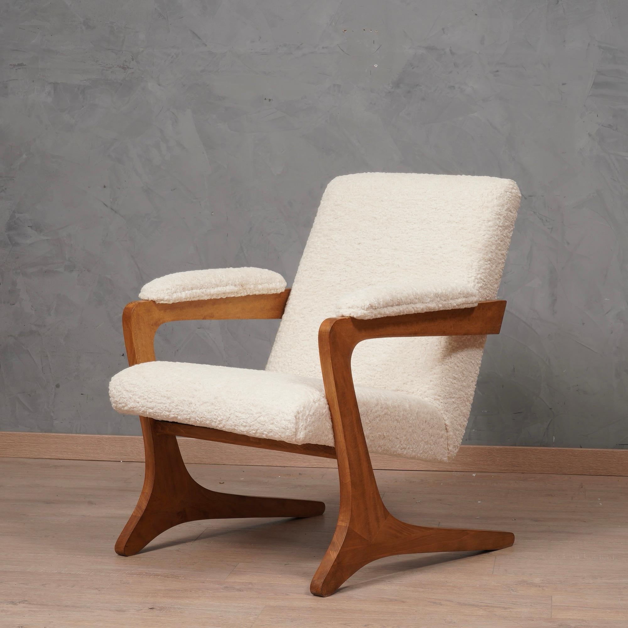 MidCentury Beech Wood and White Fabric ArmChairs, 1970 4