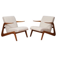 MidCentury Beech Wood and White Fabric ArmChairs, 1970