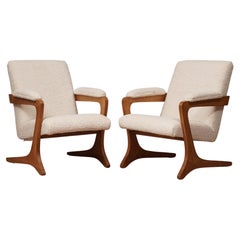 MidCentury Beech Wood and White Fabric ArmChairs, 1970