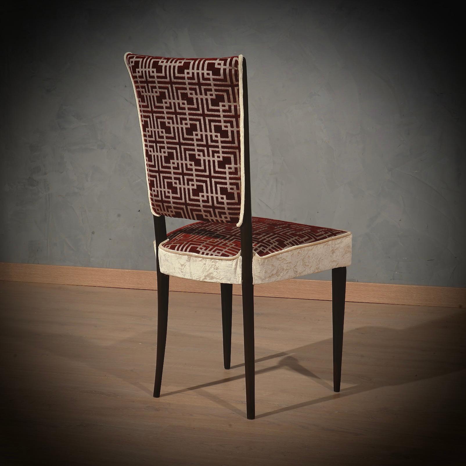 Mid-Century Modern Midcentury Beech Wood White and Red Velvet Italian Dinning Room Chairs, 1950 For Sale