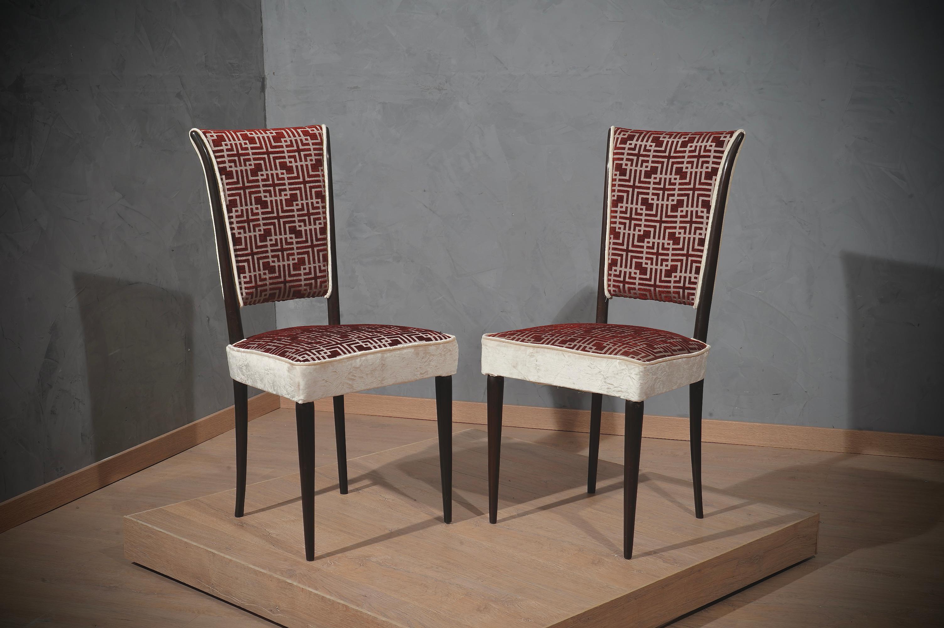 Midcentury Beech Wood White and Red Velvet Italian Chairs, 1950 For Sale 2