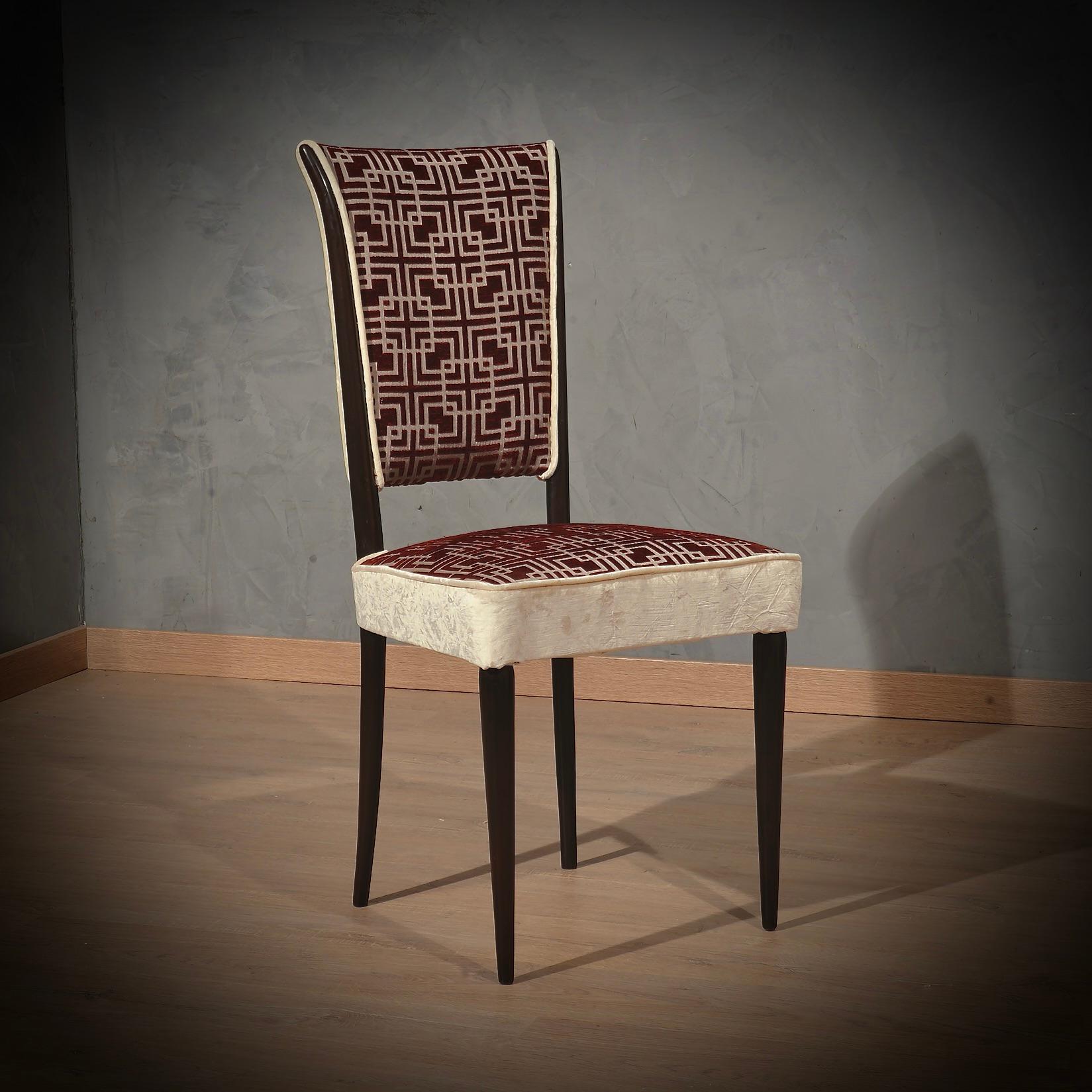 Midcentury Beech Wood White and Red Velvet Italian Dinning Room Chairs, 1950 For Sale 2