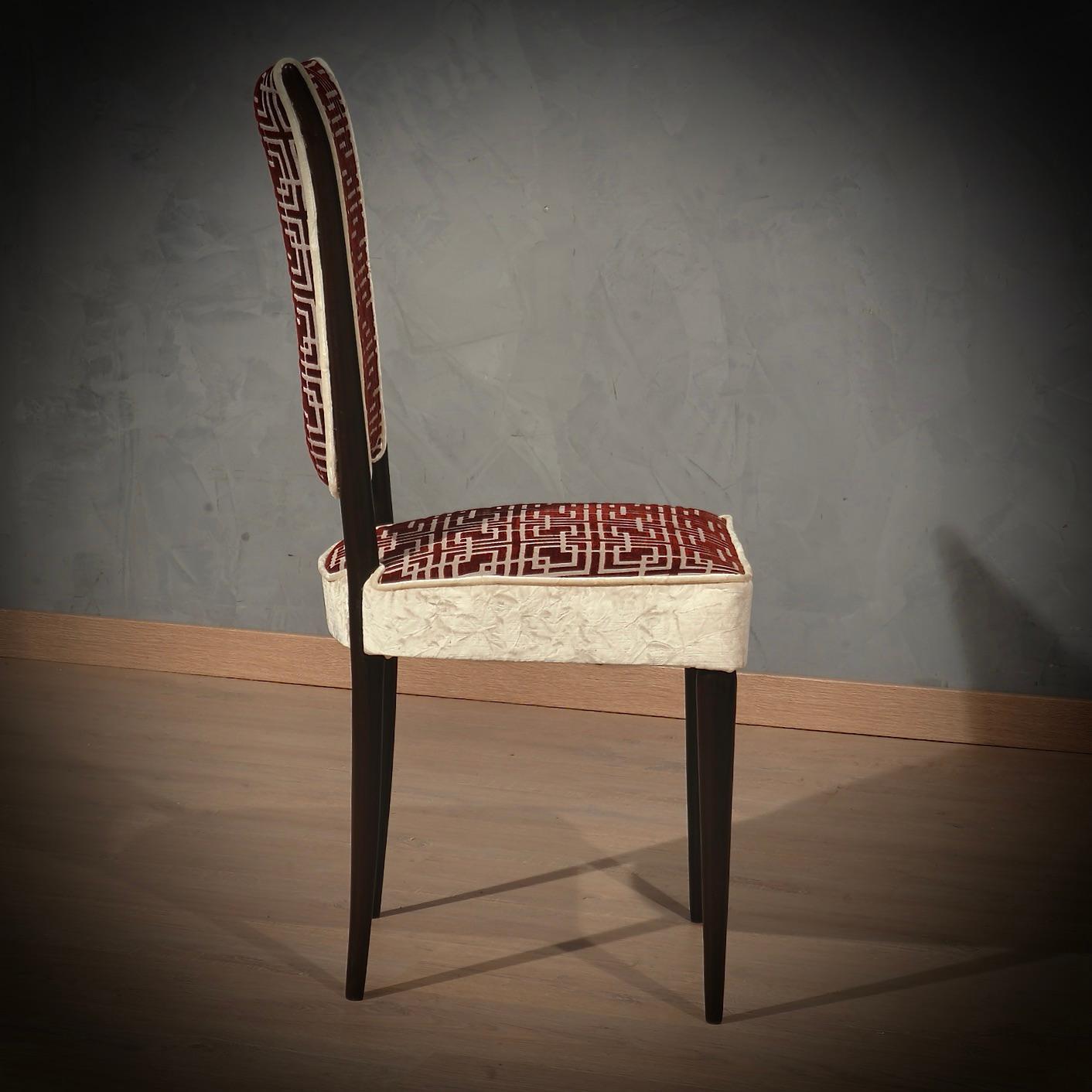 Midcentury Beech Wood White and Red Velvet Italian Dinning Room Chairs, 1950 For Sale 3