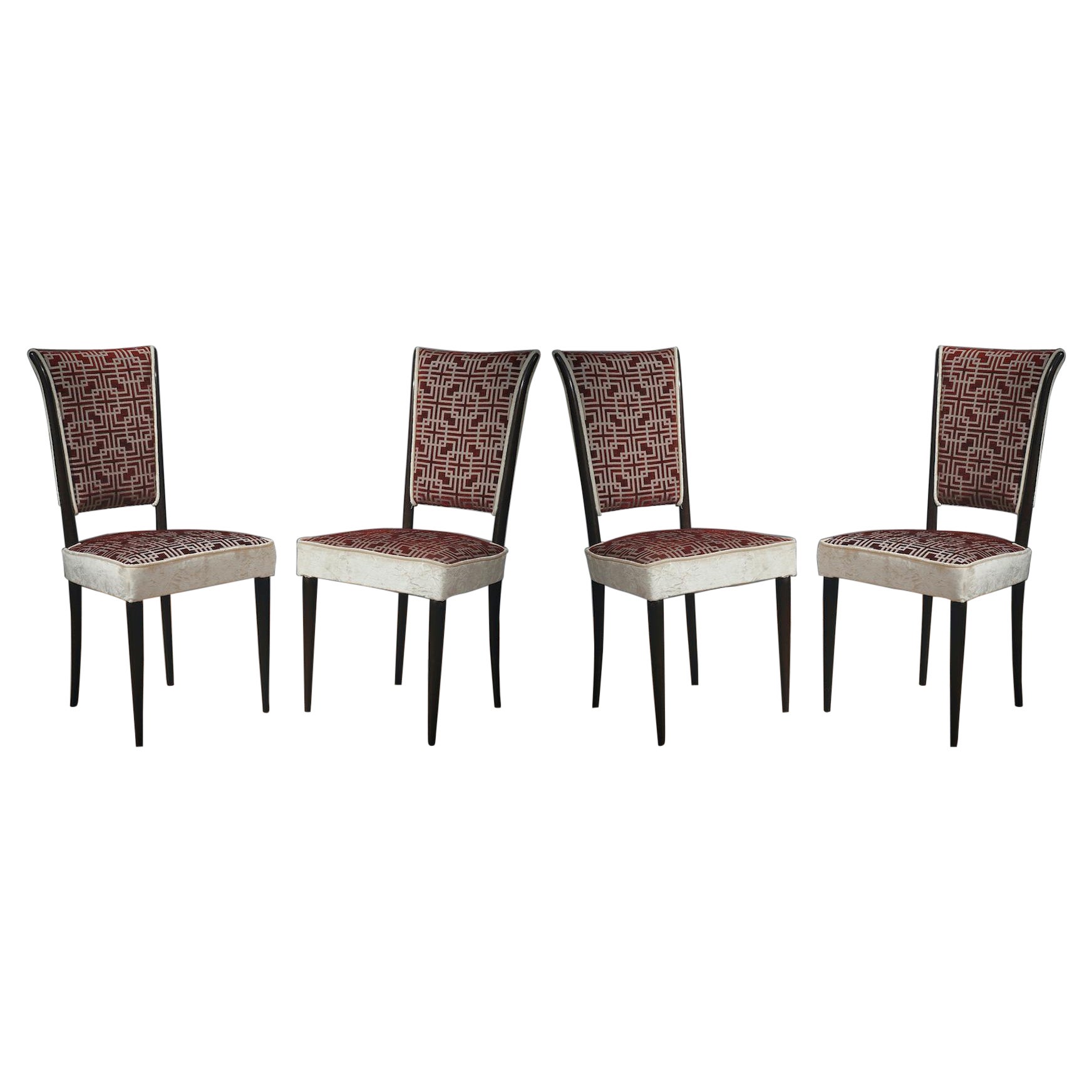 Chaises de salle à manger italiennes du milieu du siècle dernier en bois de hêtre, velours blanc et rouge, 1950