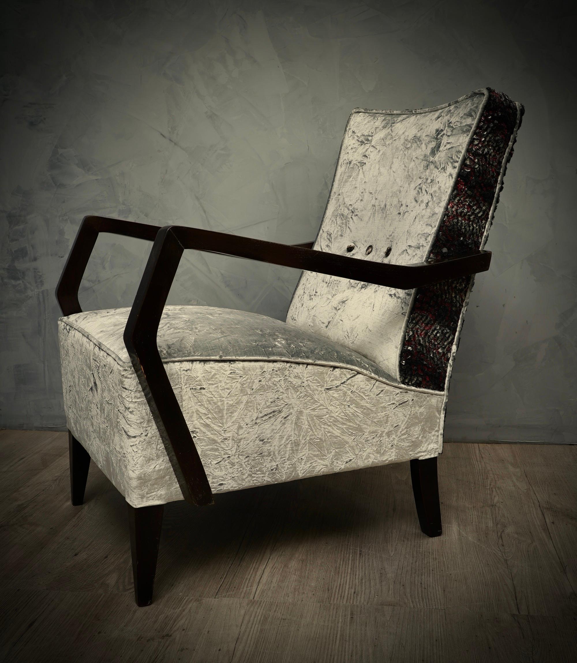 Midcentury Beechwood and Velvet Italian Club Chair Armchairs, 1950 For Sale 4
