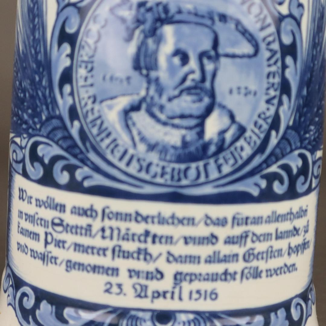 Oud delft, maiolica, parete con detto e ritratto del Duca Guglielmo IV di Baviera, coperchio di latta, fondo marcato, certificato allegato, altezza circa 19 cm.