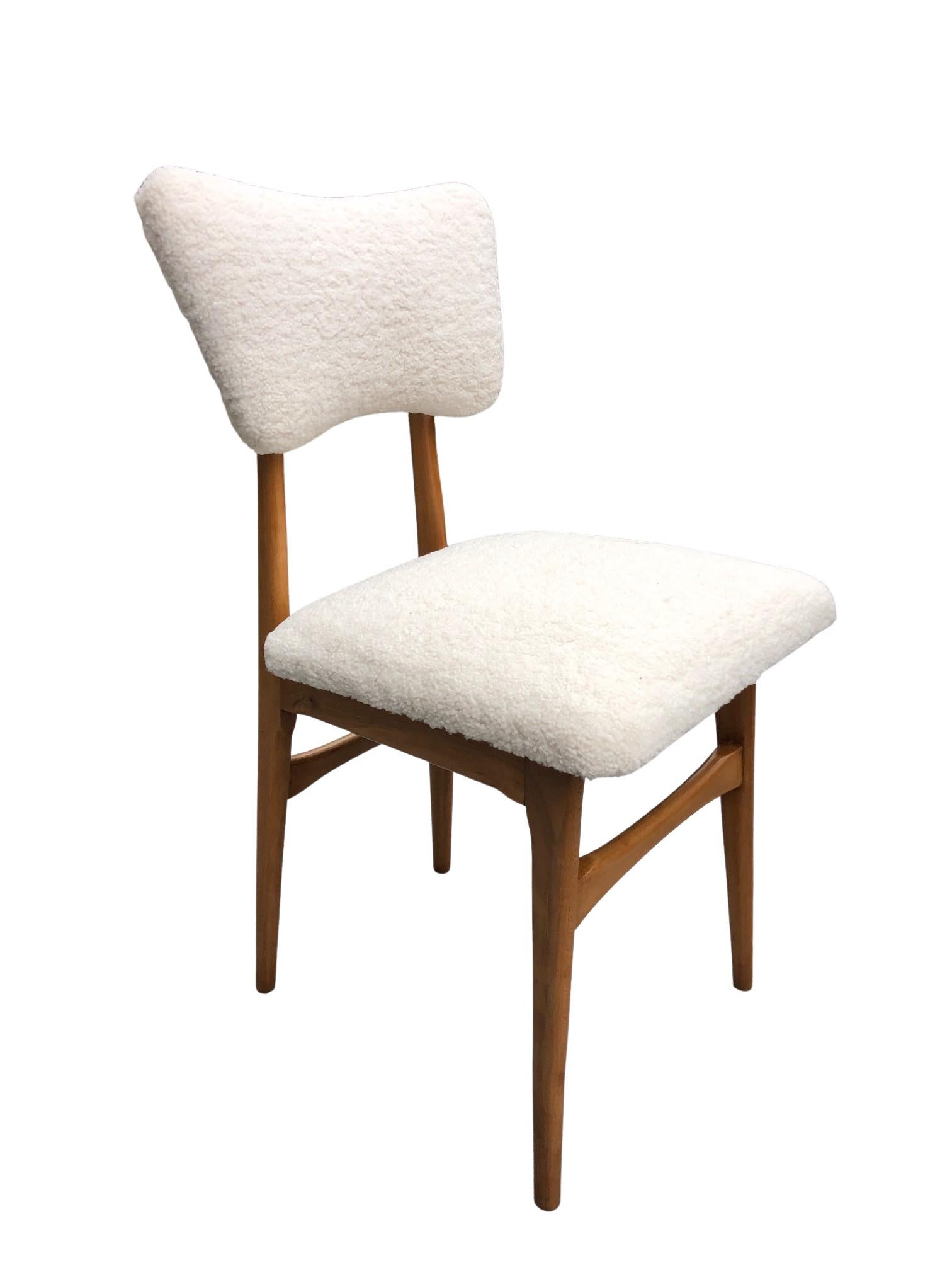 Polish Midcentury Beige Bouclé and Wood Dining Chairs, Europe, 1960s, Set of Six For Sale