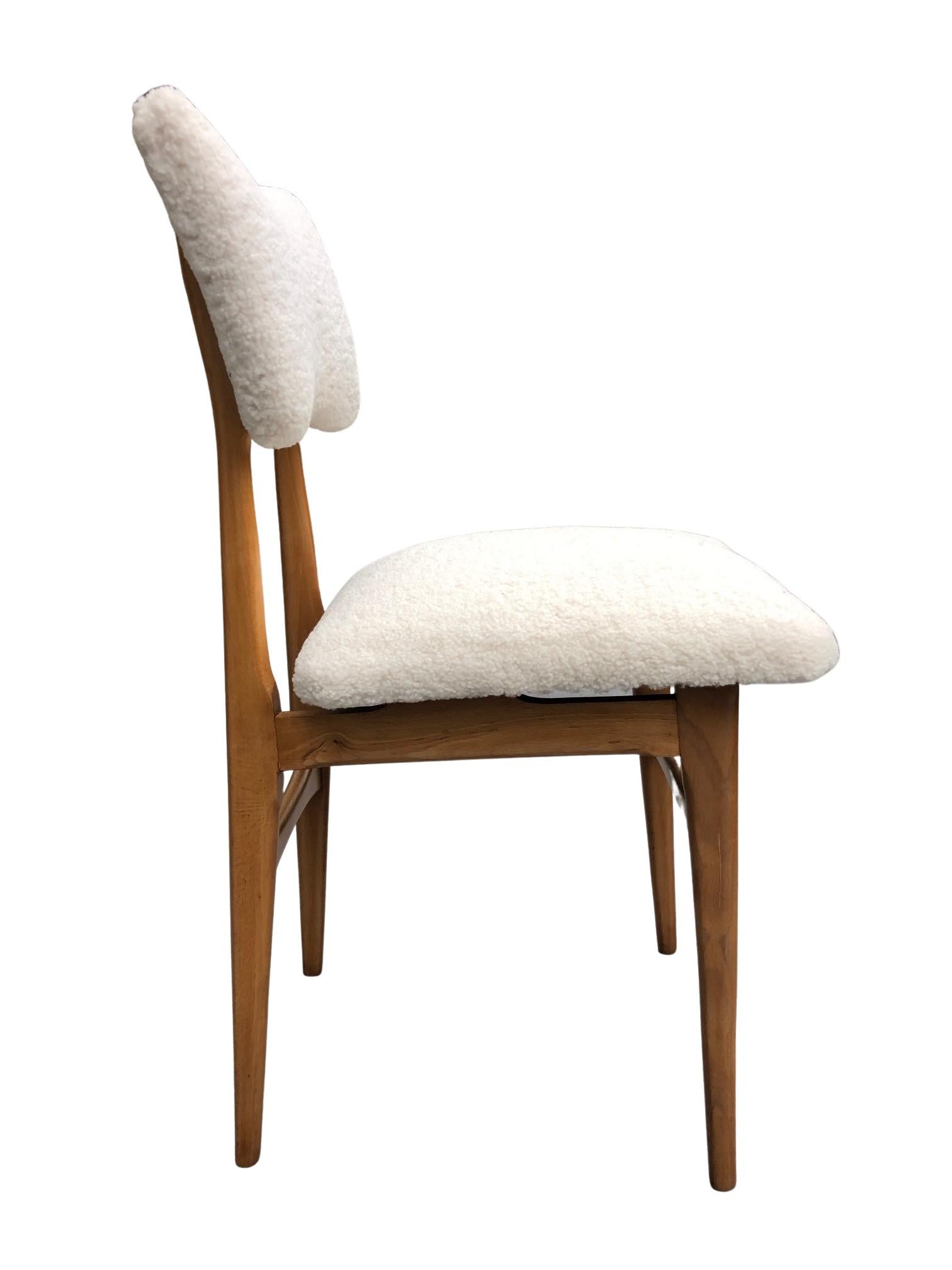 Hand-Crafted Midcentury Beige Bouclé and Wood Dining Chairs, Europe, 1960s, Set of Six For Sale