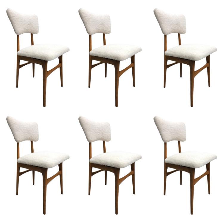 Midcentury Beige Bouclé and Wood Dining Chairs, Europe, 1960s, Set of Six