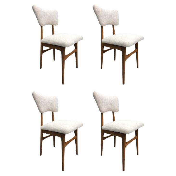 Midcentury Cream Bouclé and Wood Dining Chairs, Europe, 1960s, Set of Four