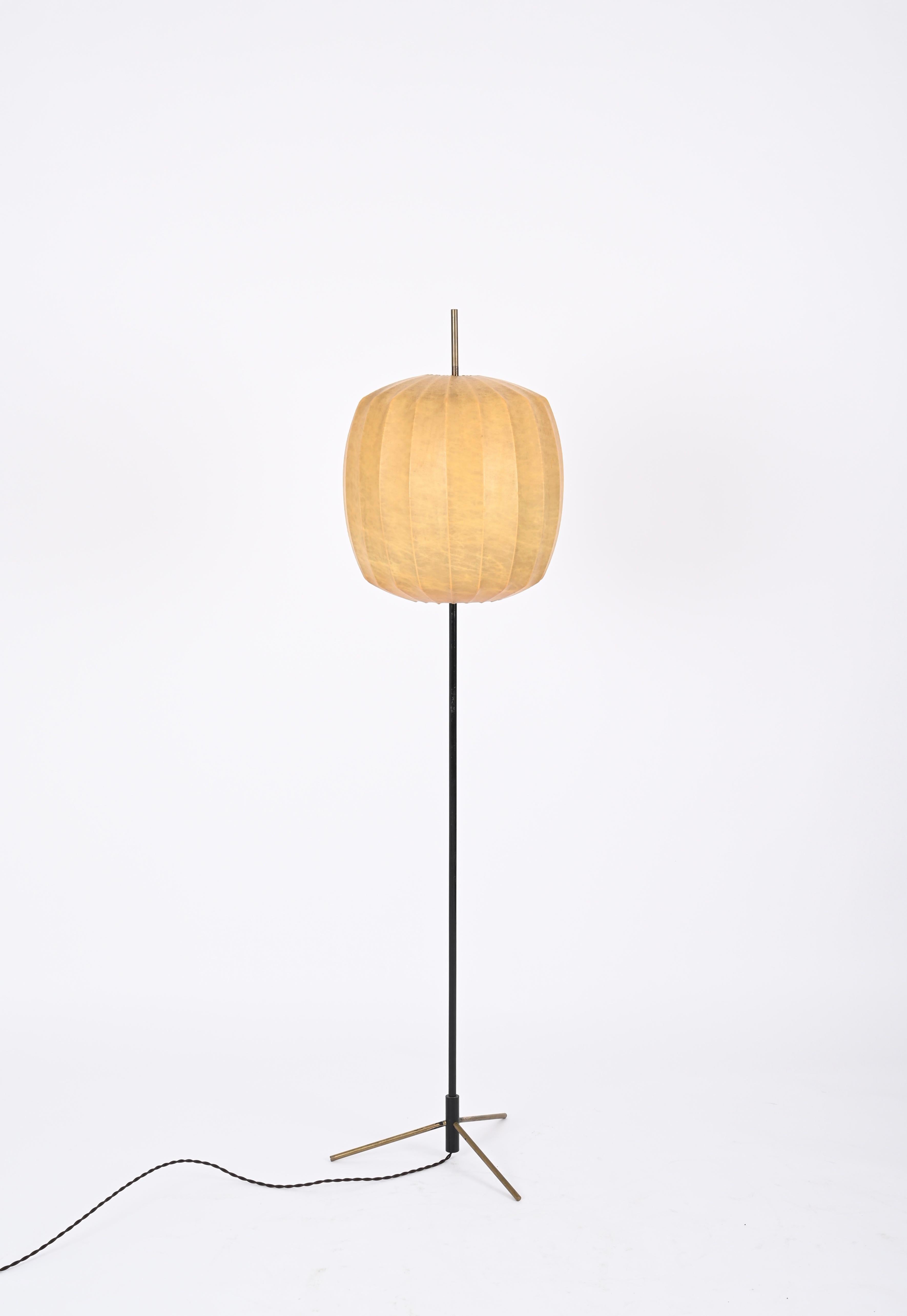 Mid-Century Modern Midcentury Beige Cocoon Floor Lamp in Brass and Metal, Castiglioni, Italy 1960s For Sale