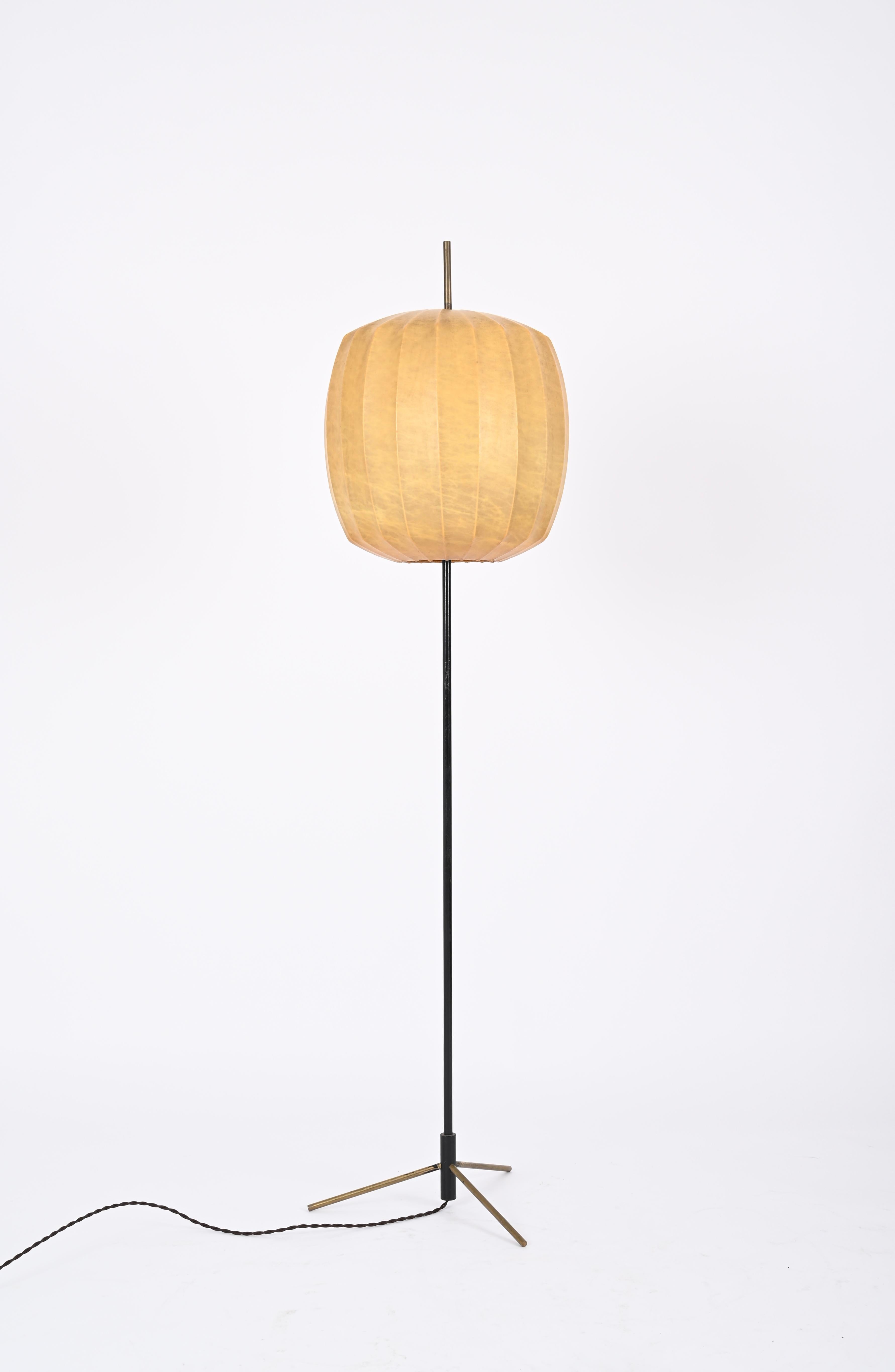 Mid-20th Century Midcentury Beige Cocoon Floor Lamp in Brass and Metal, Castiglioni, Italy 1960s For Sale