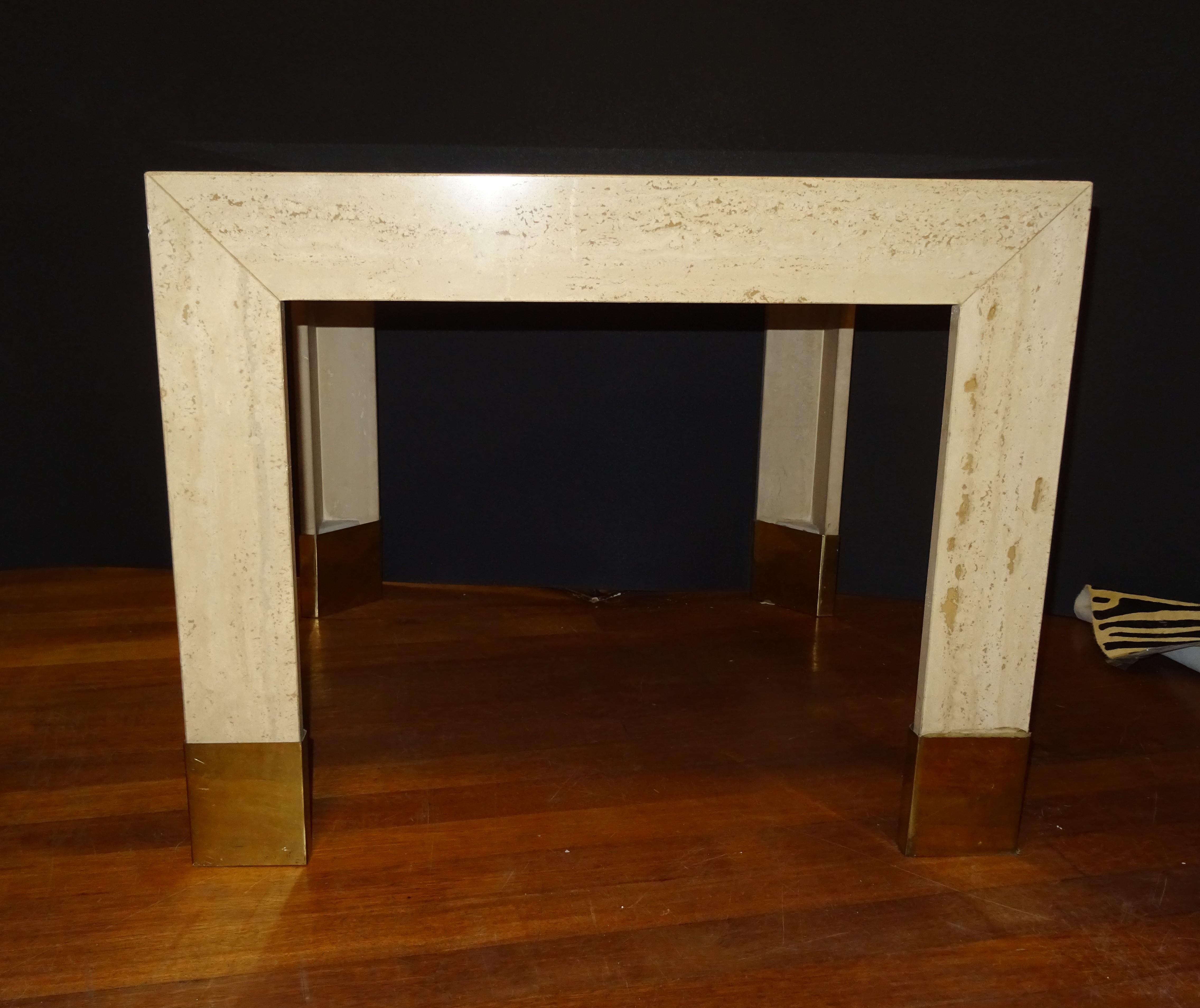 20th century  Beige  marble Coffetable, Travertine and Golden Brass Coffee Table 2