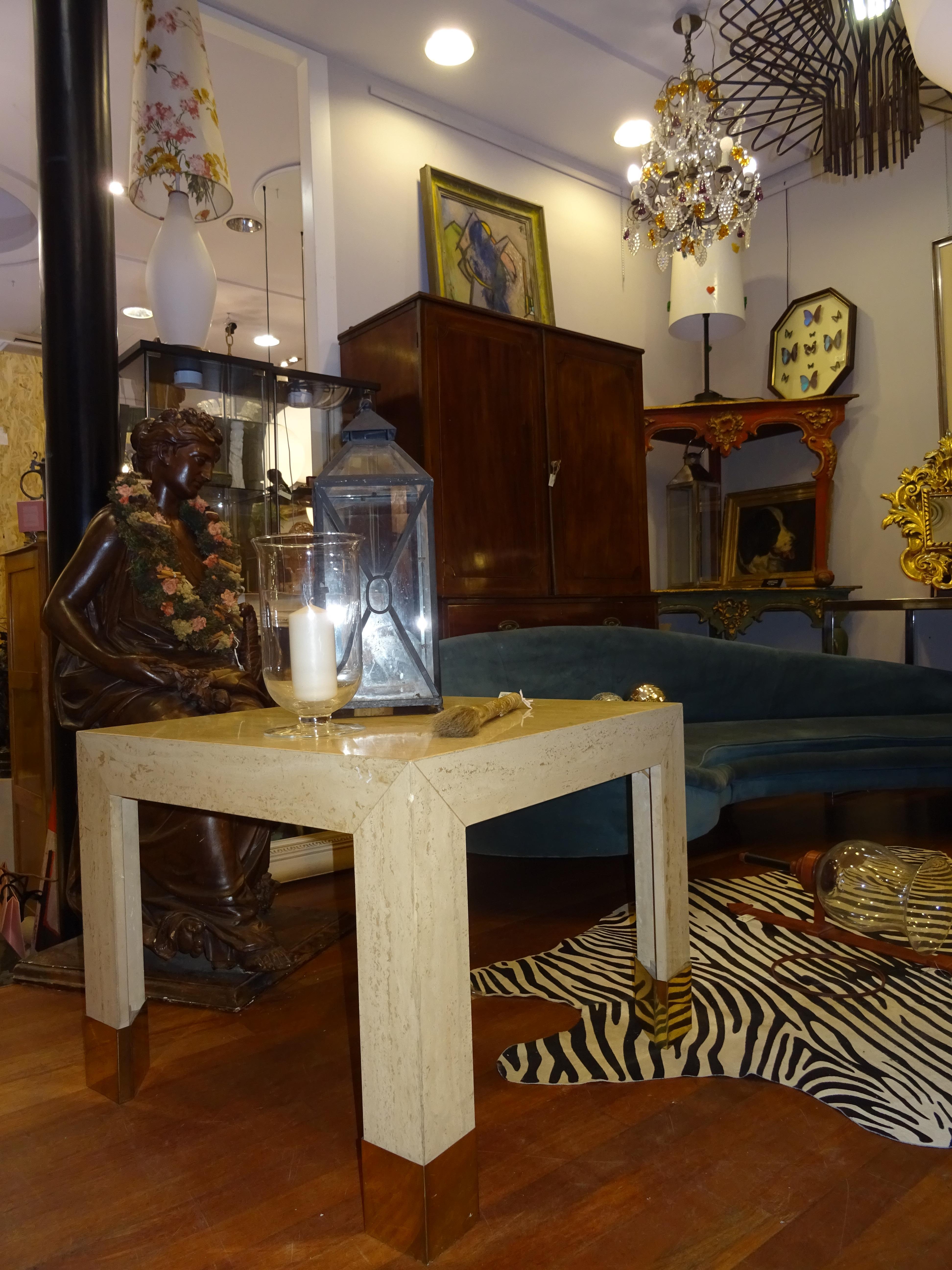 20th century  Beige  marble Coffetable, Travertine and Golden Brass Coffee Table 3