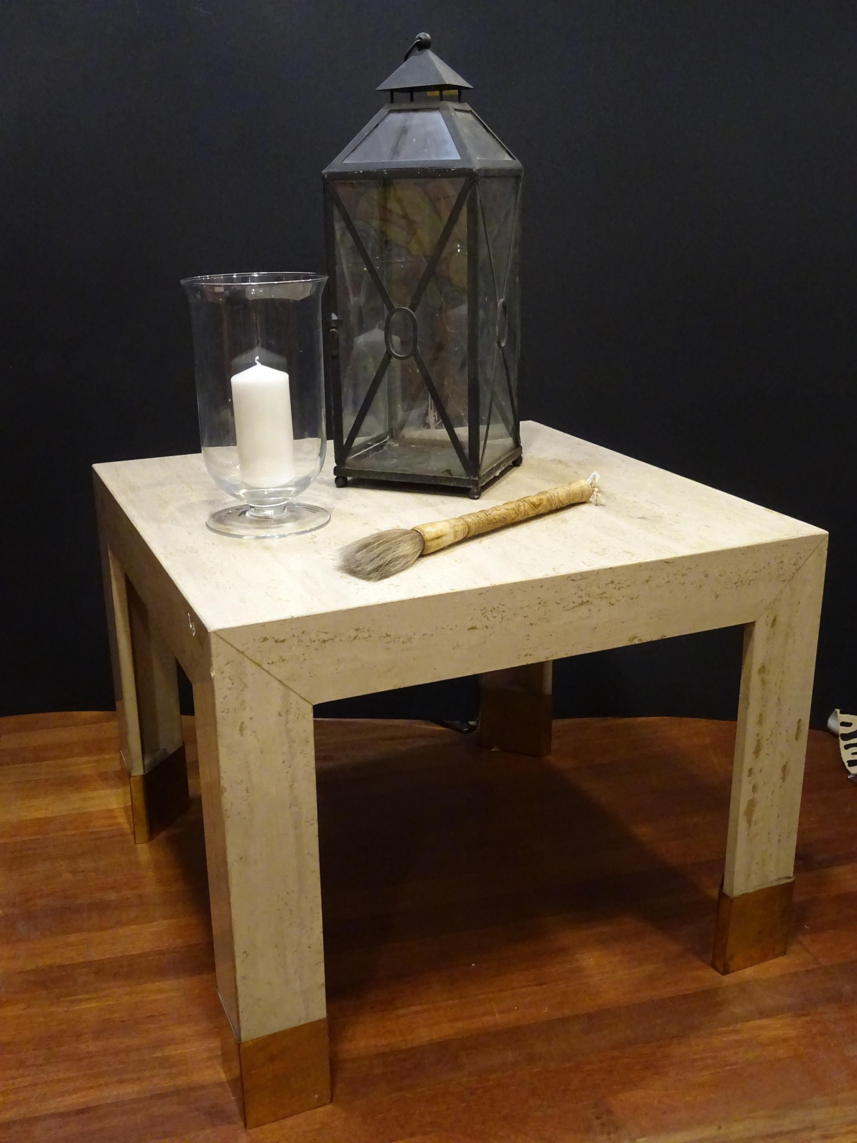 20th century  Beige  marble Coffetable, Travertine and Golden Brass Coffee Table 11