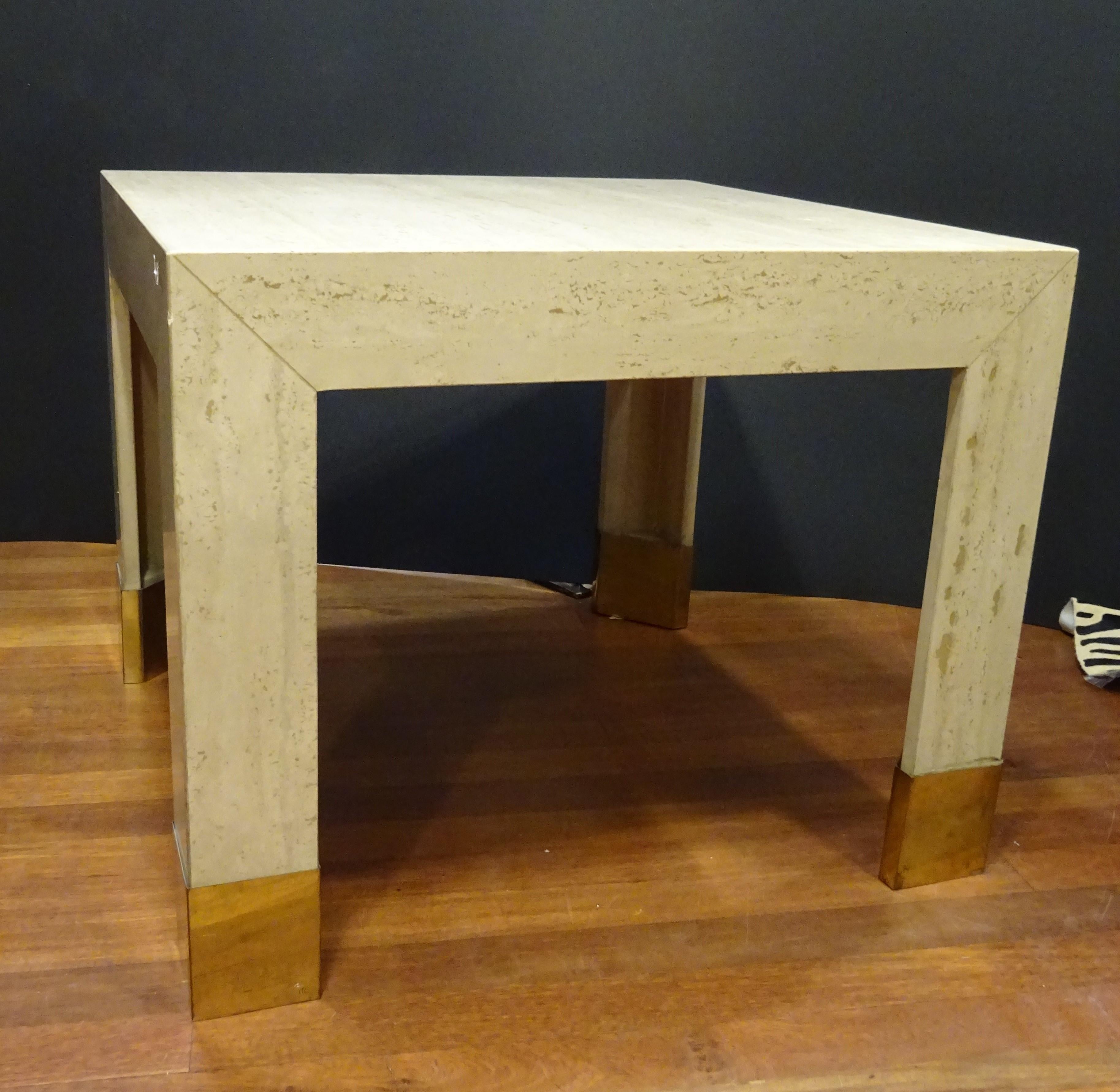 Italian 20th century  Beige  marble Coffetable, Travertine and Golden Brass Coffee Table