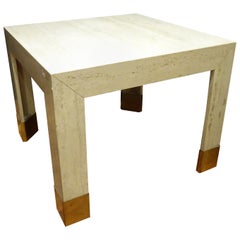 20th century Beige marble Coffetable, Travertine and Golden Brass Coffee Table