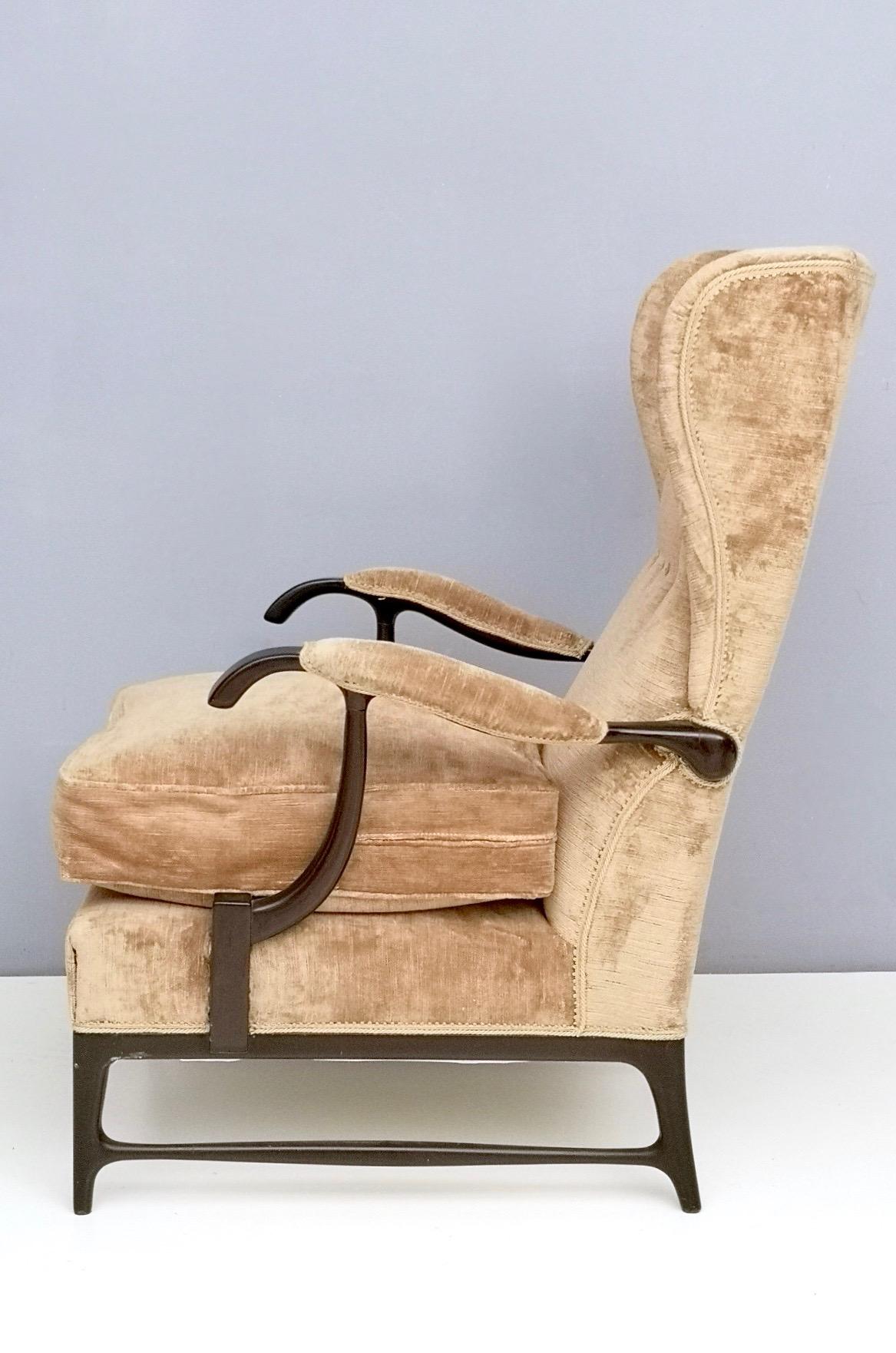 Ebonized Midcentury Beige Velvet Wingback Armchair by Paolo Buffa for Framar, Italy 1950s