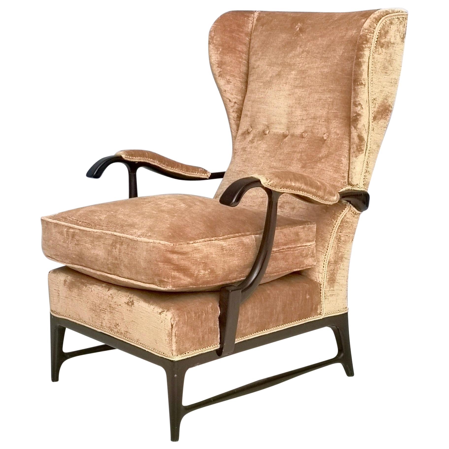 Midcentury Beige Velvet Wingback Armchair by Paolo Buffa for Framar, Italy 1950s