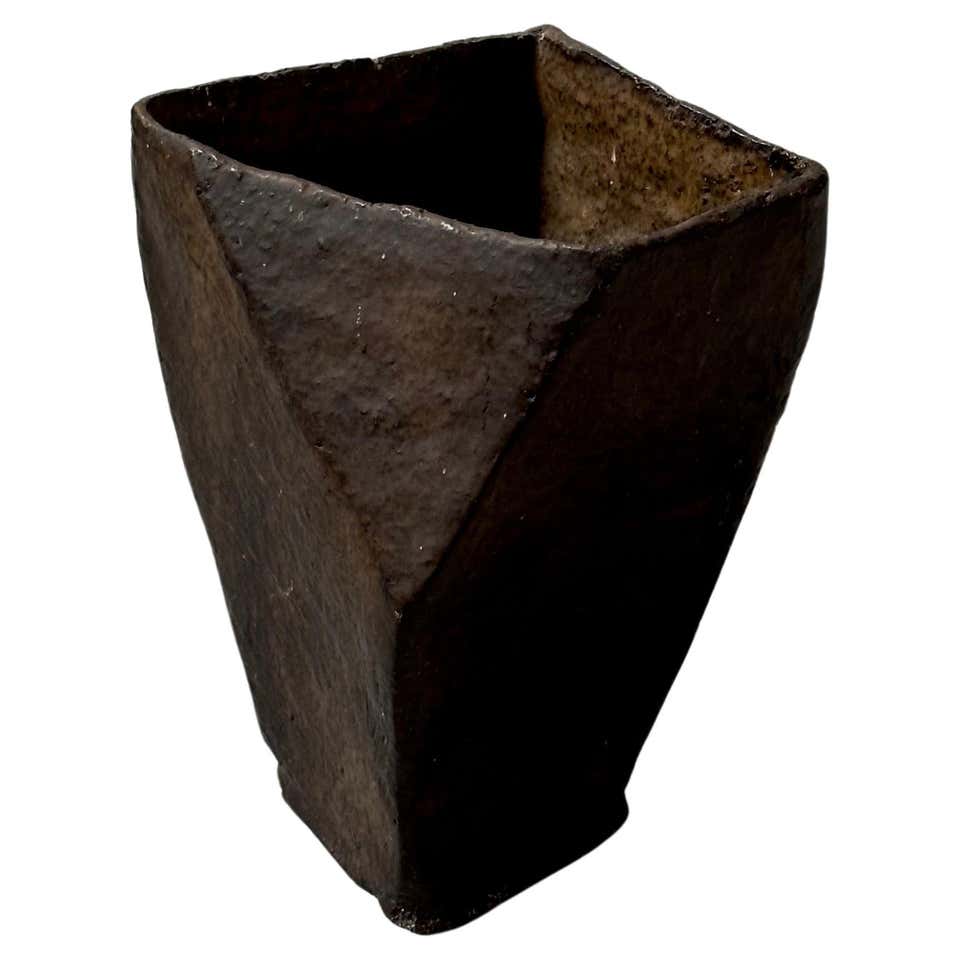 Midcentury Belgian Brown Square Ceramic Vase For Sale at 1stDibs