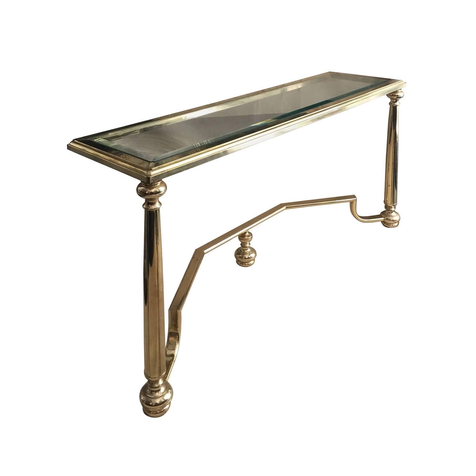 Midcentury Belgian Rectangular Brass Console with Glass Top For Sale