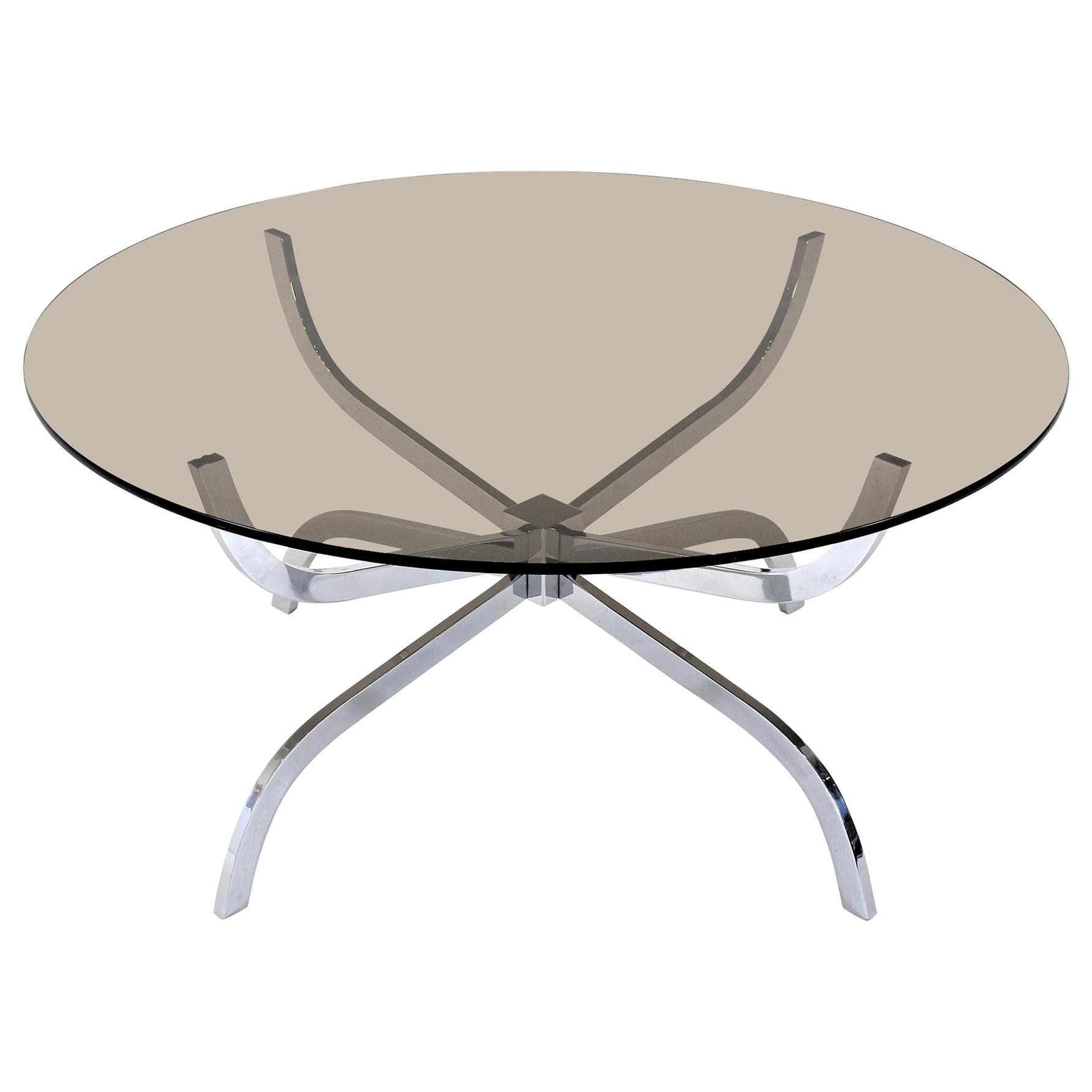 Midcentury Belgo Chrome Round "Spider" Coffeetable with Smoked Glasstop, 1970s For Sale