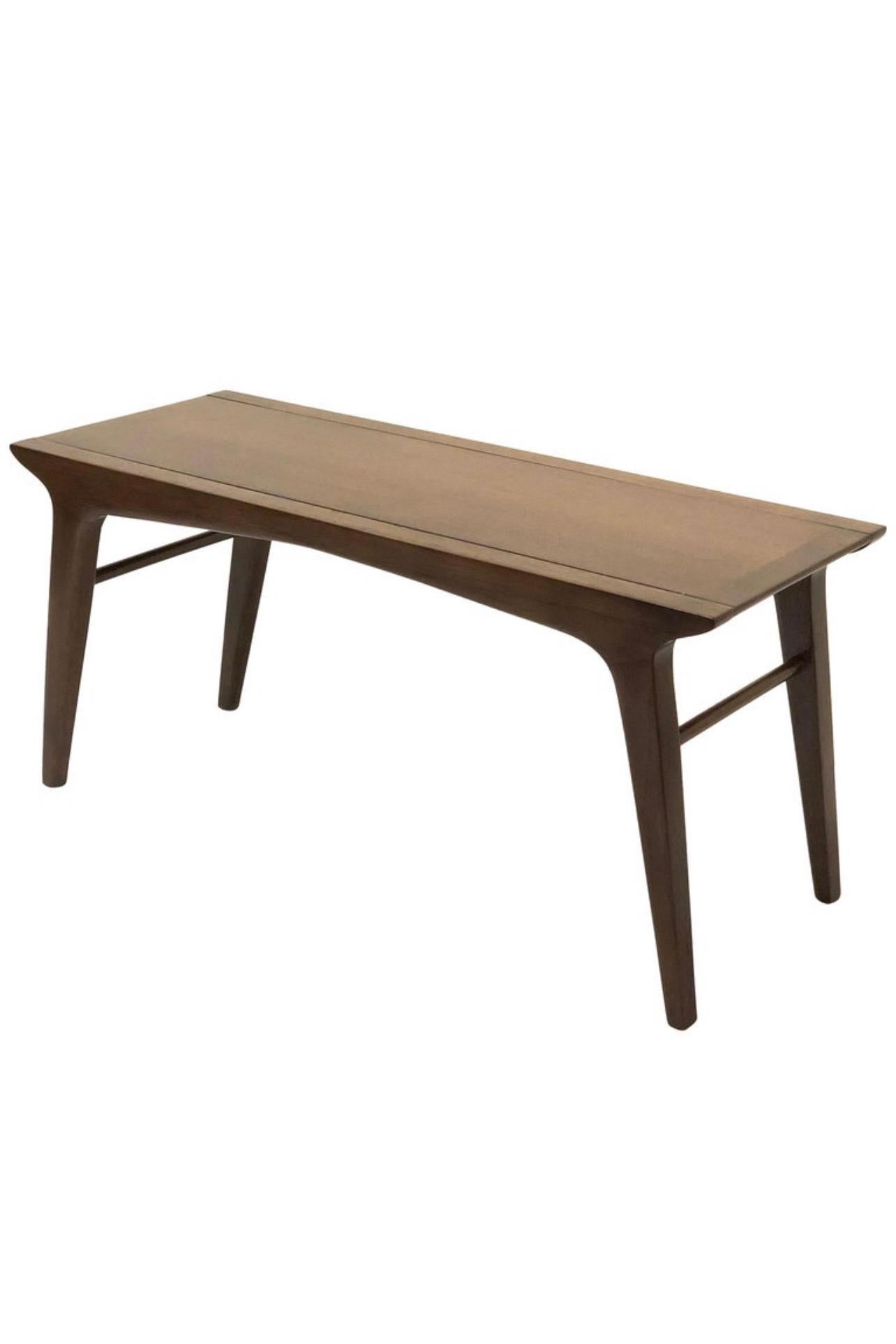 Modernist bench or table by John Van Koert for Drexel, superior quality and construction. Scaled down version of the Classic dining table, simple, elegant design. solid and sturdy freshly refinished in a dark walnut stain.