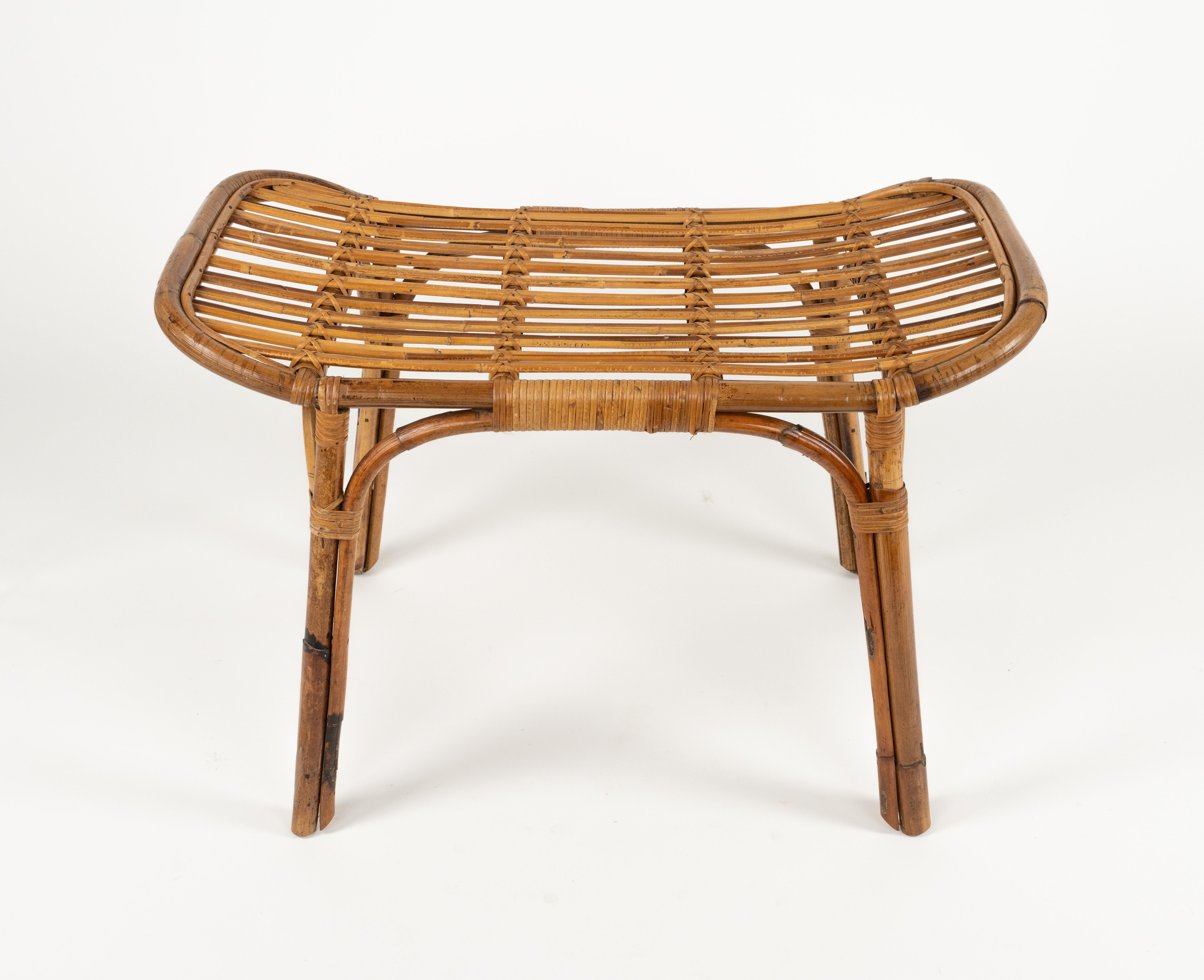 Midcentury Bench or Side Table in Rattan & Bamboo Tito Agnoli Style, Italy 1960s For Sale 5