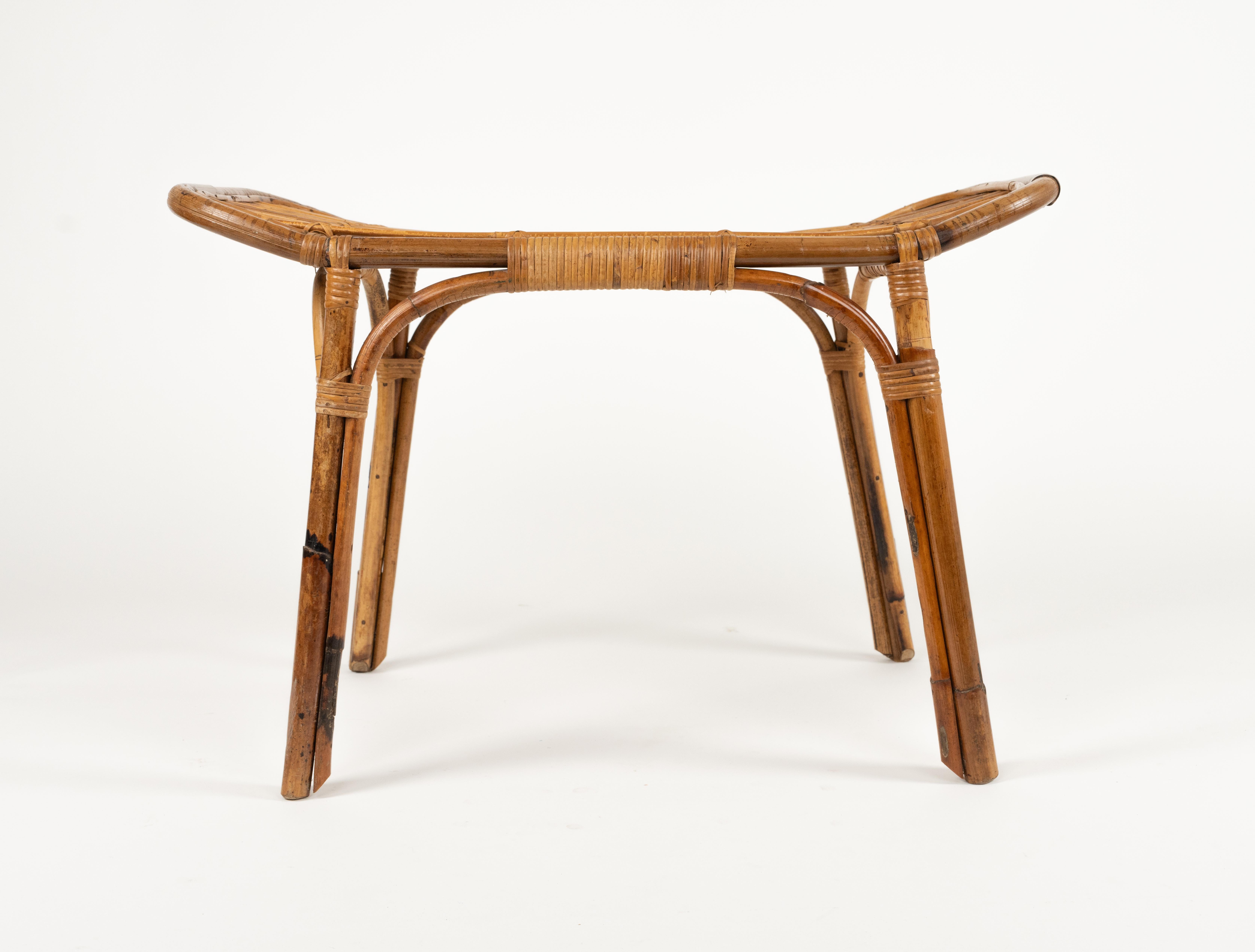 Midcentury Bench or Side Table in Rattan & Bamboo Tito Agnoli Style, Italy 1960s For Sale 8