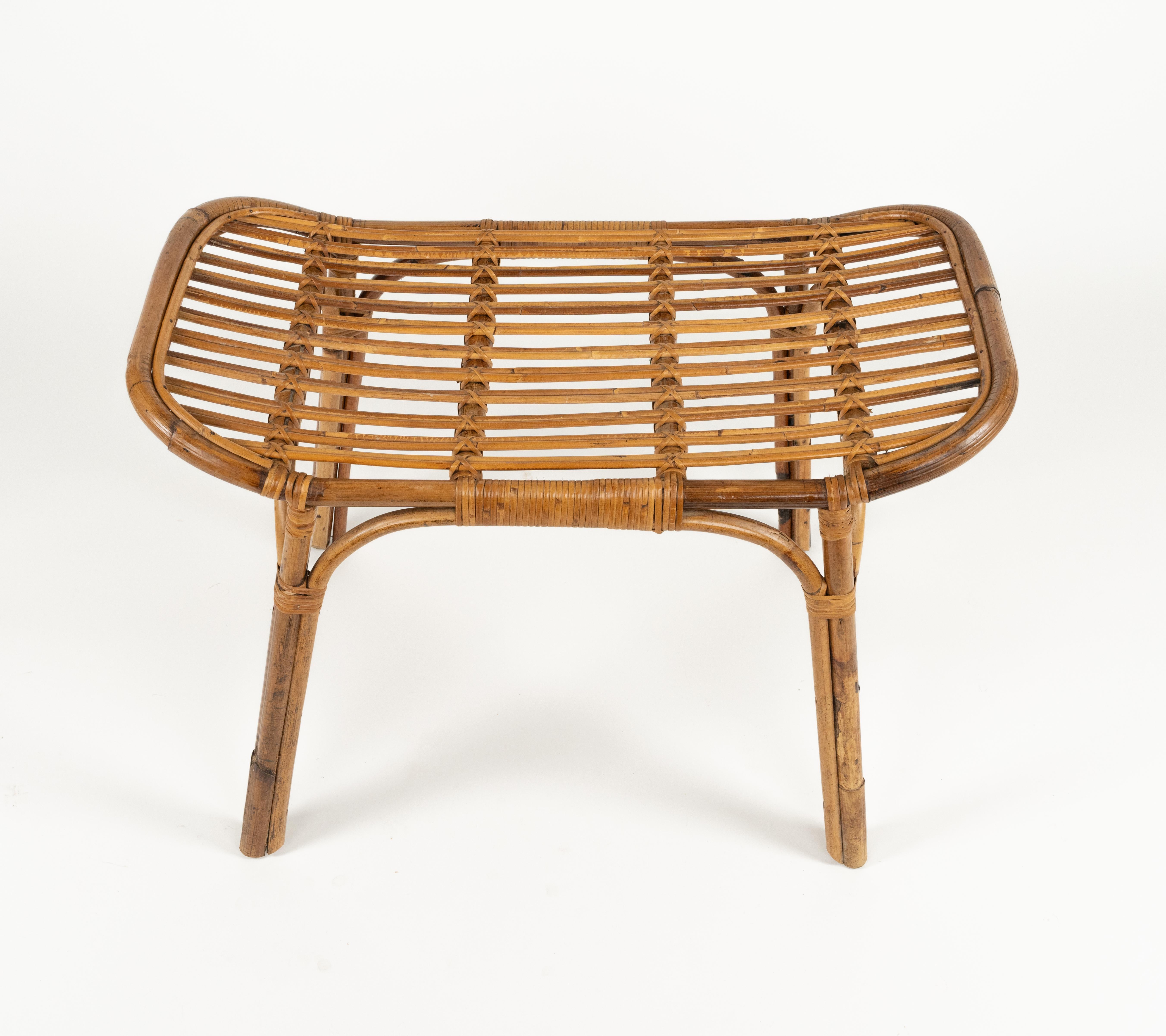 Midcentury Bench or Side Table in Rattan & Bamboo Tito Agnoli Style, Italy 1960s In Good Condition For Sale In Rome, IT