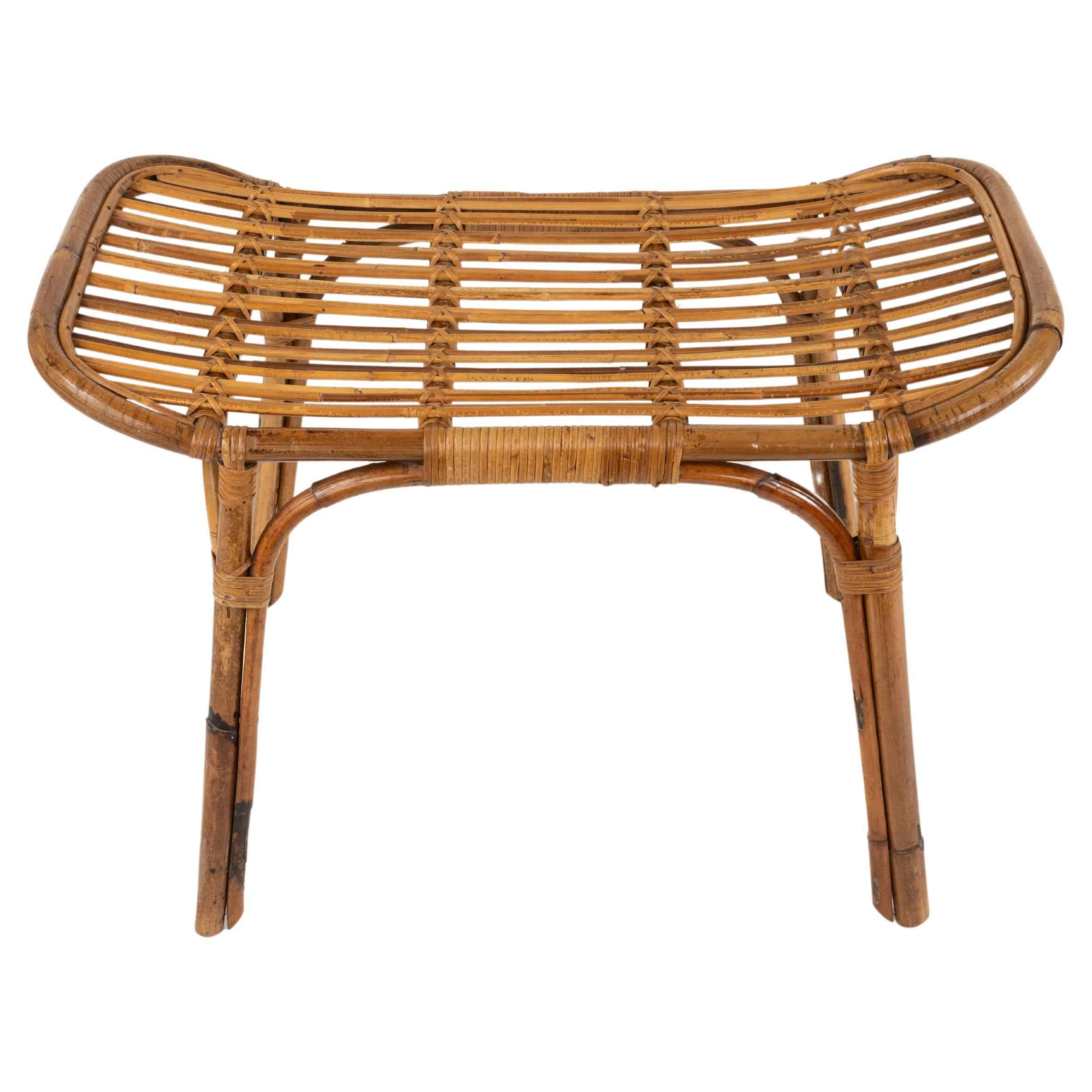 Midcentury Bench or Side Table in Rattan & Bamboo Tito Agnoli Style, Italy 1960s