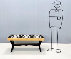 Midcentury Bench with Black, White and Yellow Fabric by Dedar, Italy