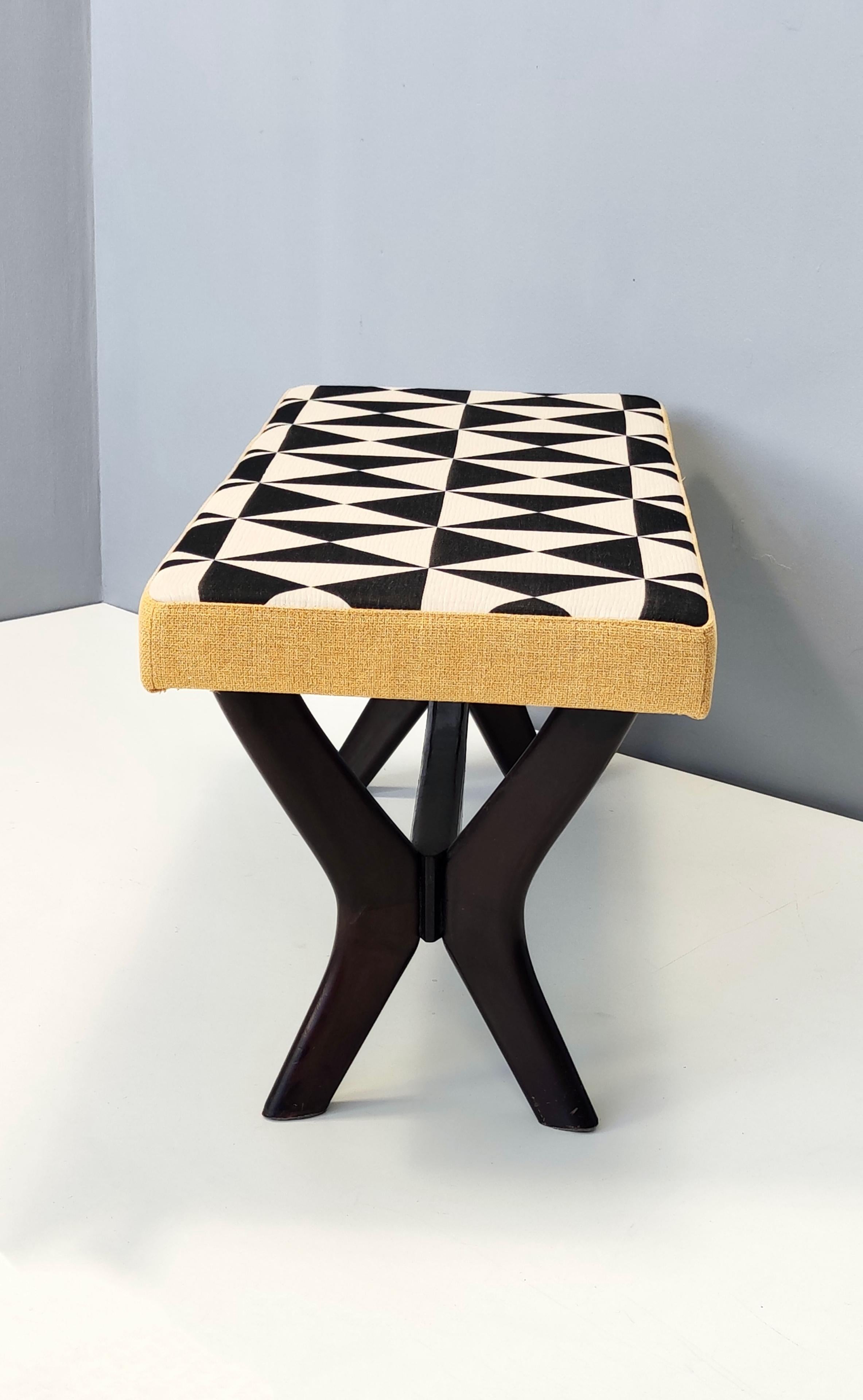 Ebonized Midcentury Bench with Black, White and Yellow Fabric by Dedar, Italy