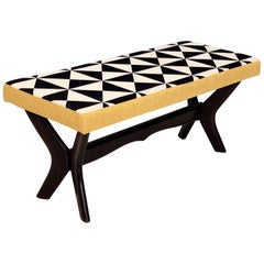 Midcentury Bench with Black, White and Yellow Fabric by Dedar, Italy