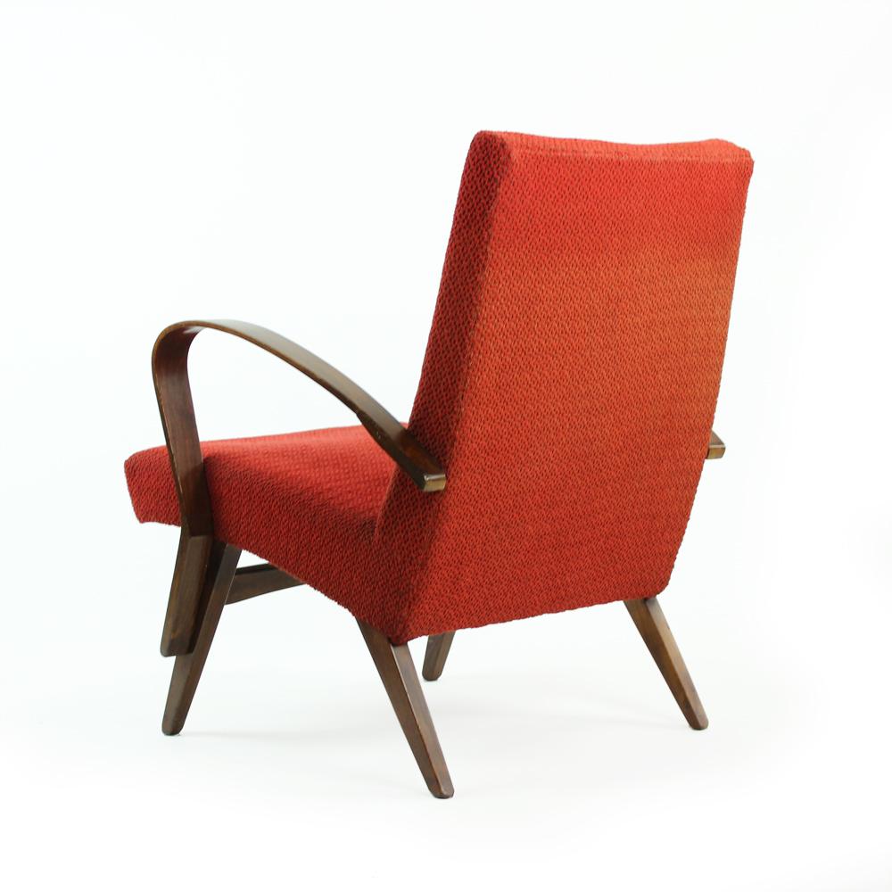 Midcentury Bentwood Armchair in Original Red Fabric, Czechoslovakia, circa 1960 For Sale 1