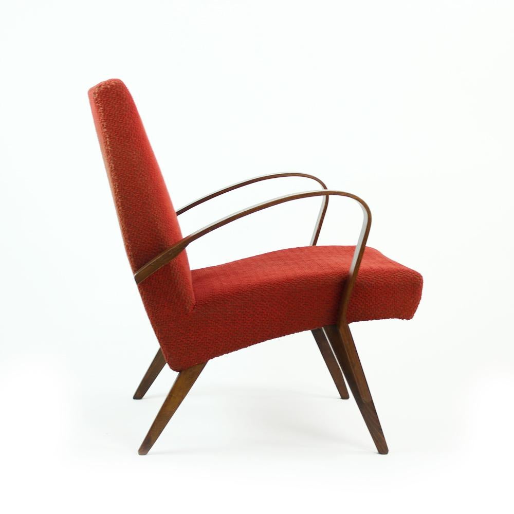 Midcentury Bentwood Armchair in Original Red Fabric, Czechoslovakia, circa 1960 For Sale 4