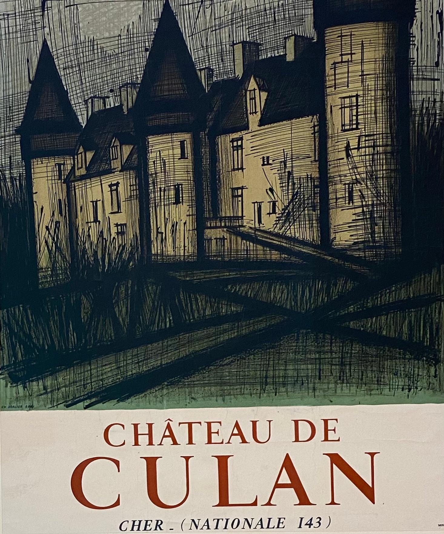 A vintage Bernard Buffet art poster printed by Mourlot. Personalized to a friend and hand signed by the artist in the upper right under his name printed on this original poster. Features the Chateau du Culan. 

Presented in a beautiful gilt wood