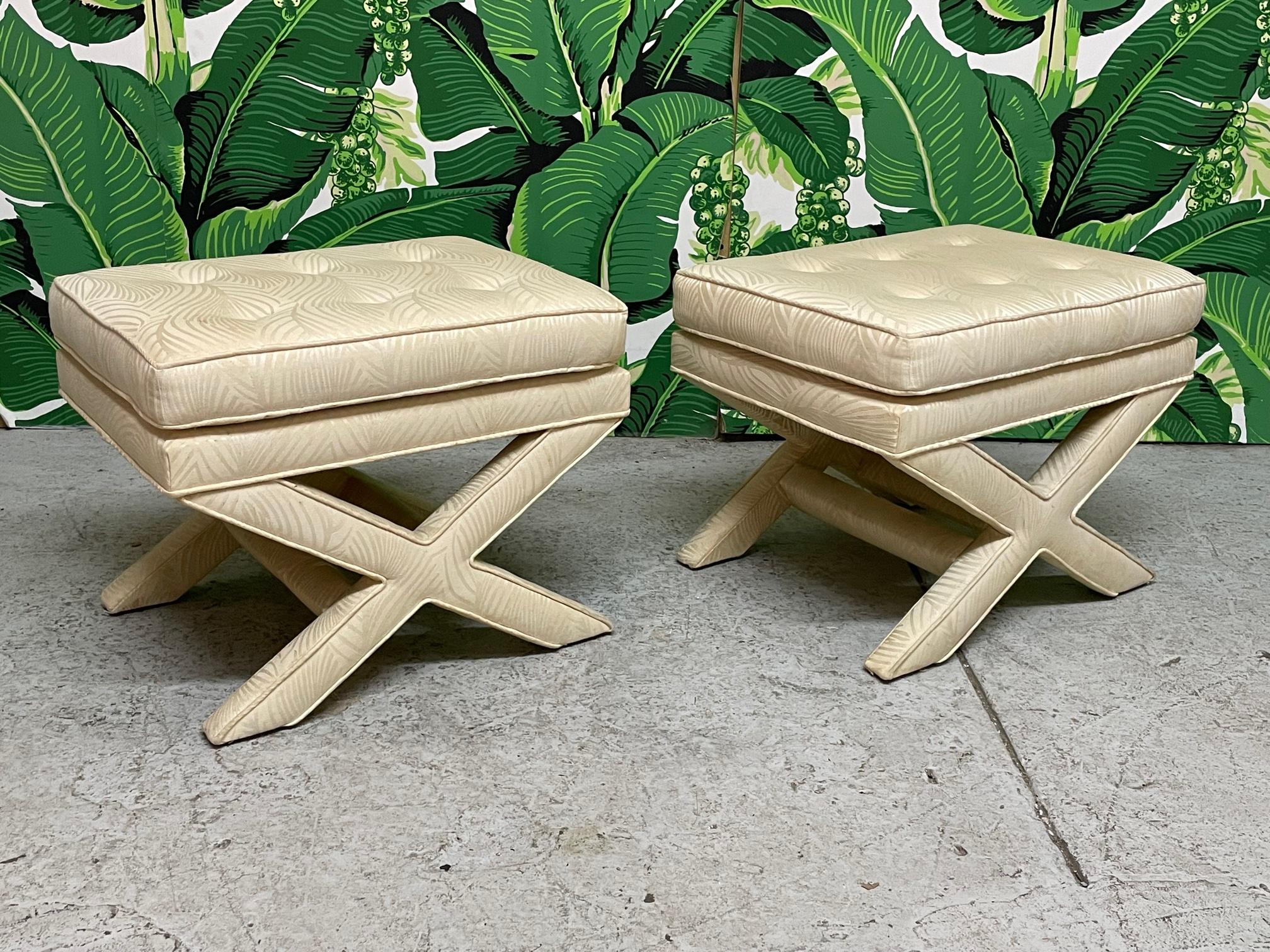 Hollywood Regency Midcentury Billy Baldwin Style X-Form Upholstered Benches, a Pair