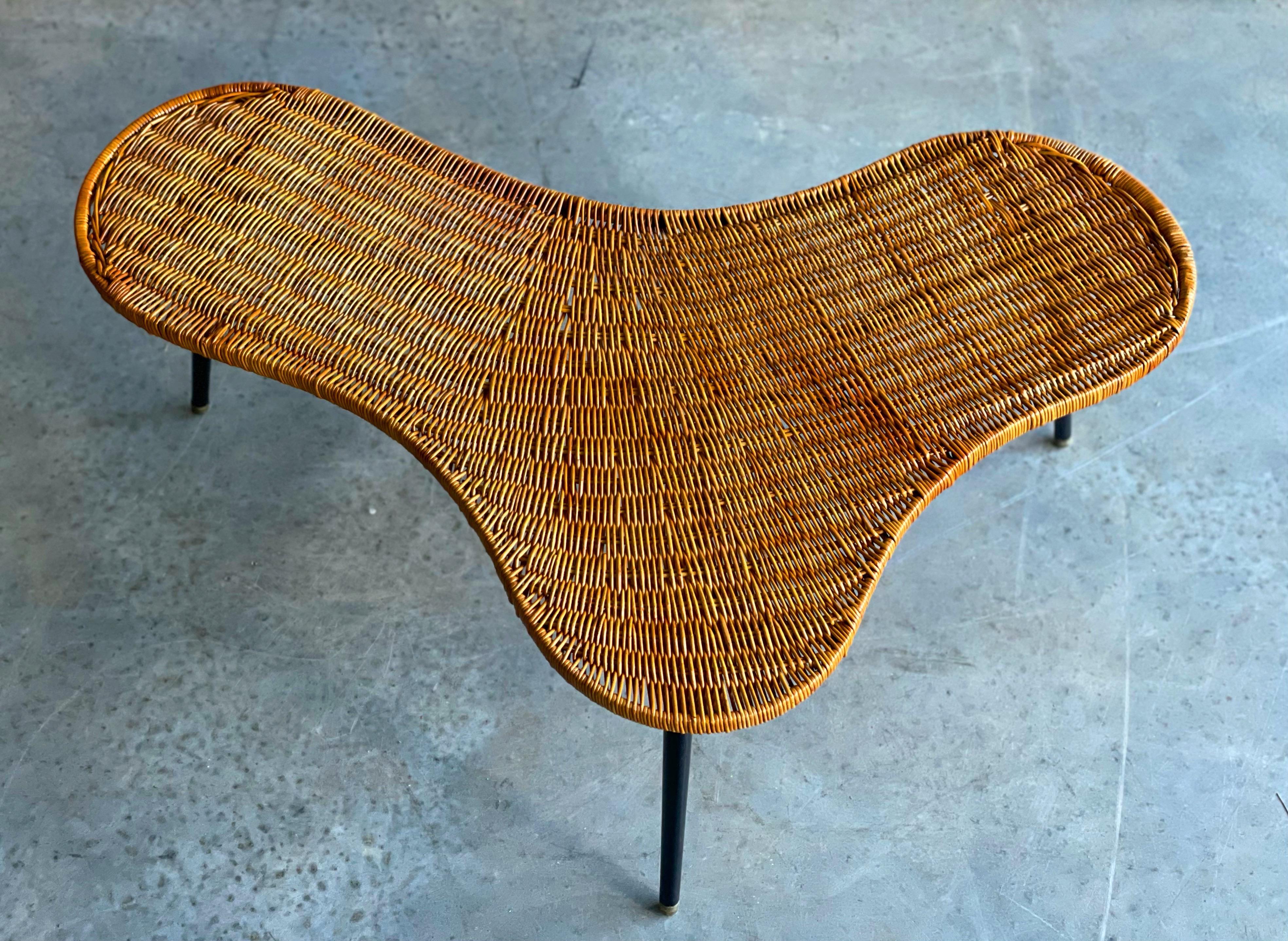 Midcentury Biomorphic Cocktail Table in Wicker and Iron, France, circa 1950's In Good Condition In Framingham, MA