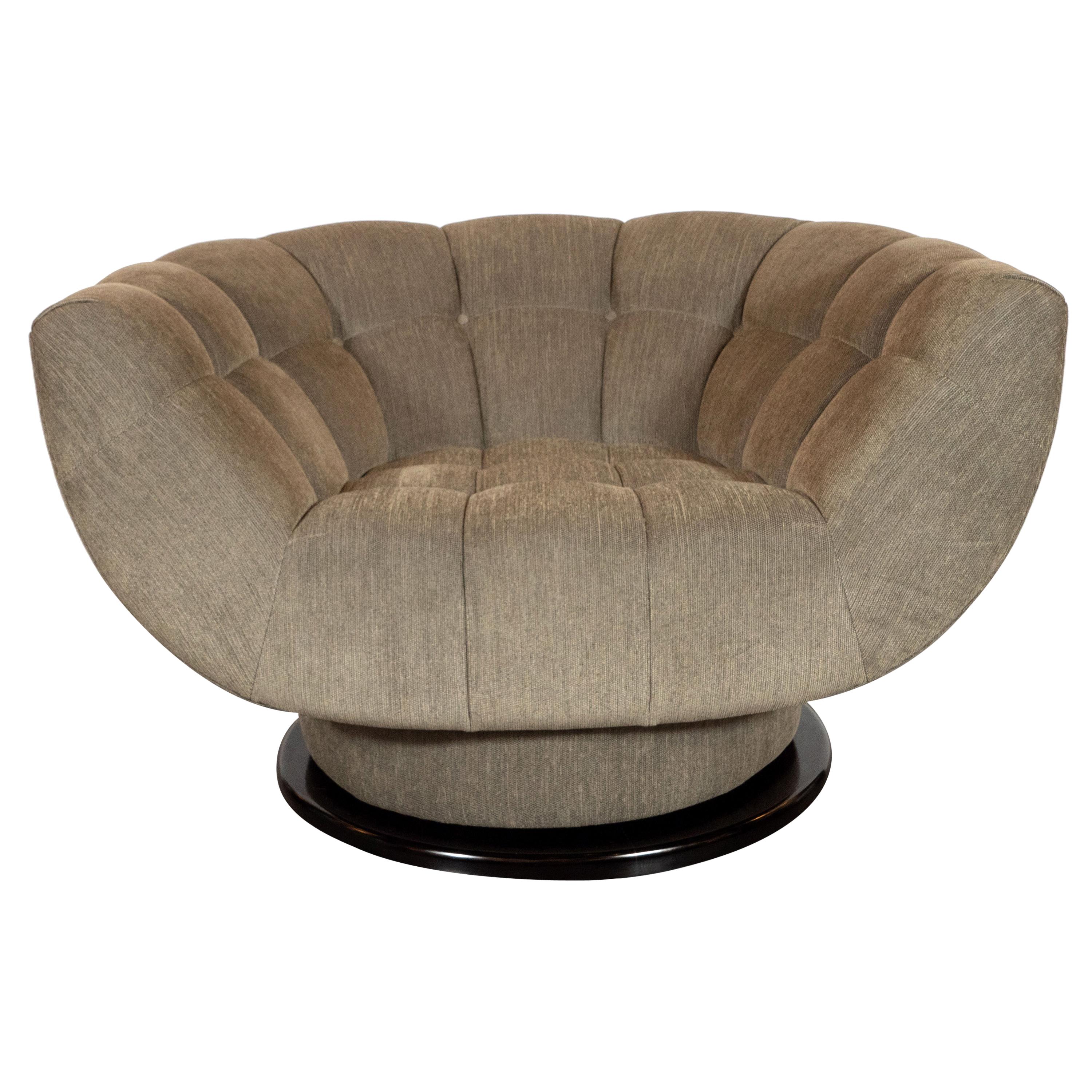 Midcentury Biscuit Tufted Swivel Chair in Smoked Sage Fabric by Adrian Pearsall