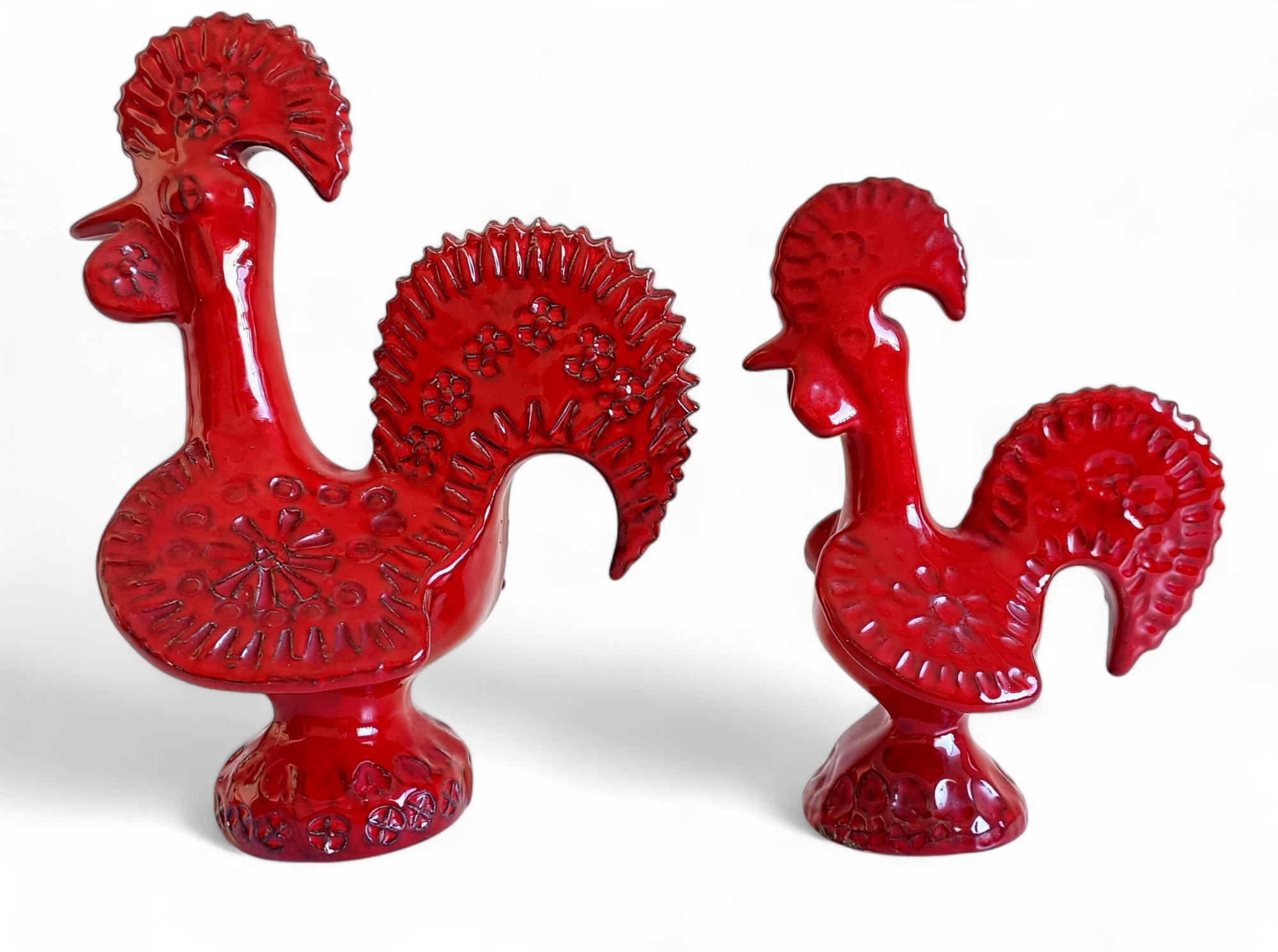 Coppia di galli in ceramica smaltata rossa del Medioevo di Bitossi Aldo Londi, Italia, anni '60 in vendita 2