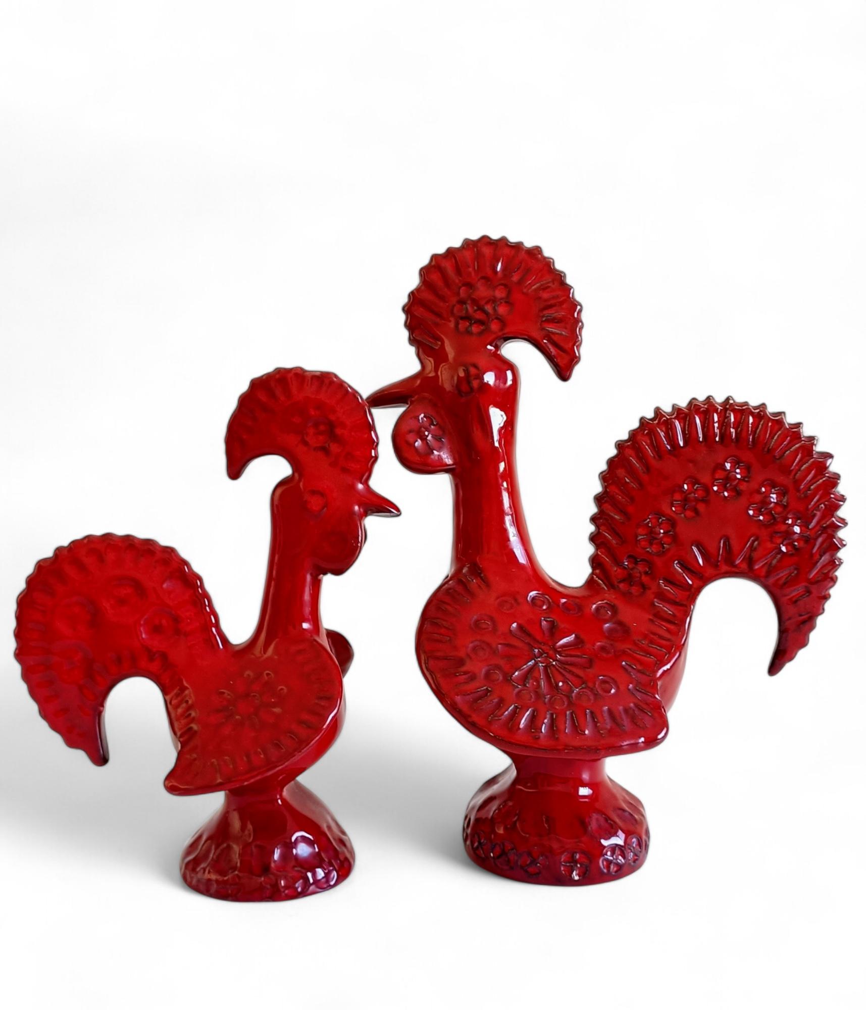 Coppia di galli in ceramica smaltata rossa del Medioevo di Bitossi Aldo Londi, Italia, anni '60 in vendita 6