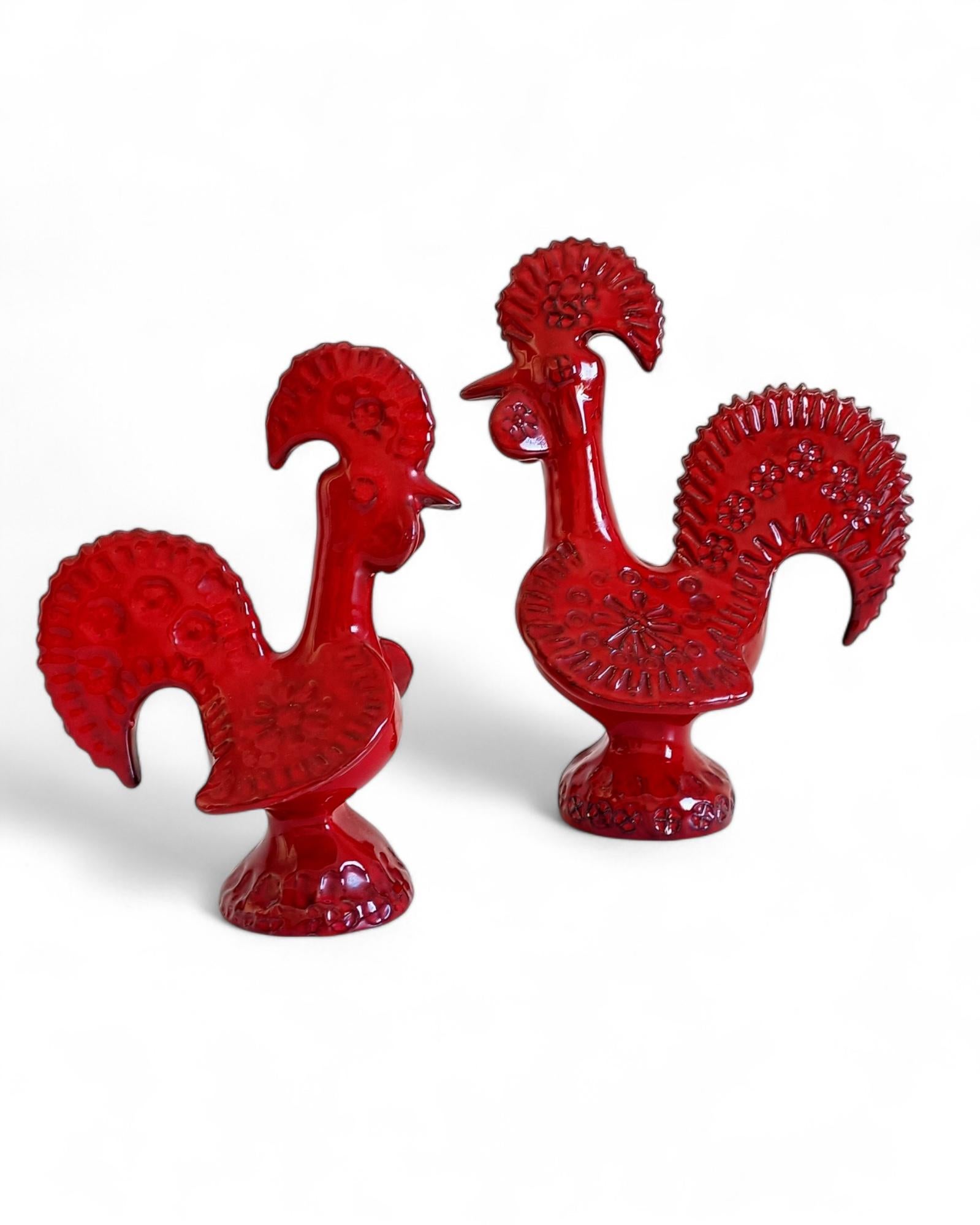 Smaltato Coppia di galli in ceramica smaltata rossa del Medioevo di Bitossi Aldo Londi, Italia, anni '60 in vendita
