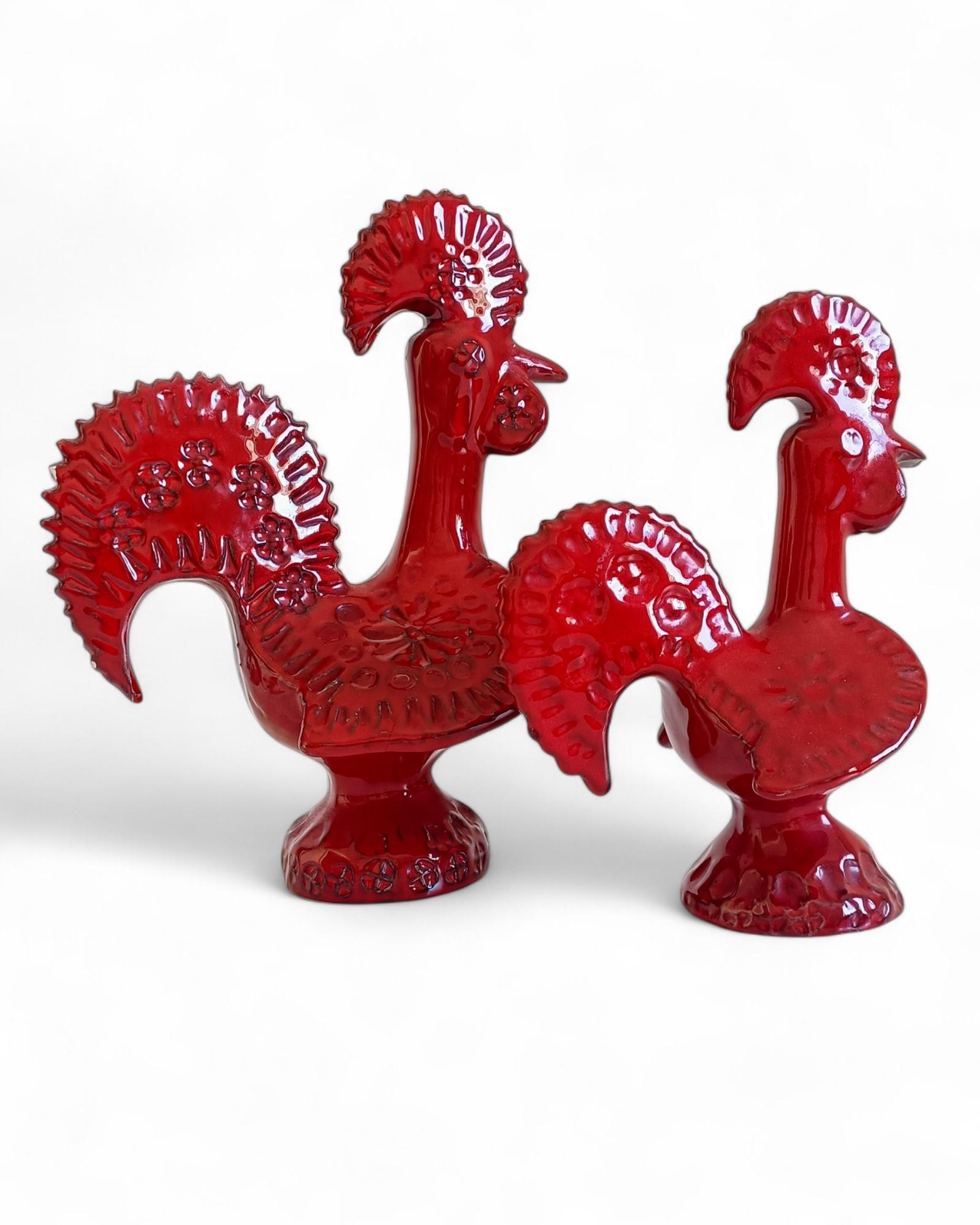 Coppia di galli in ceramica smaltata rossa del Medioevo di Bitossi Aldo Londi, Italia, anni '60 In condizioni buone in vendita a Valencia, VC