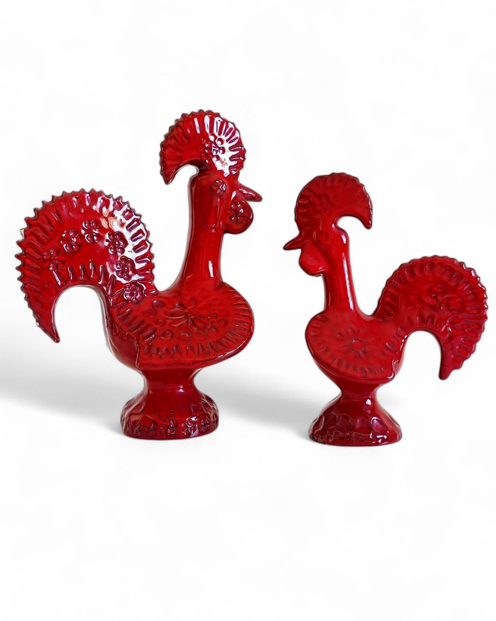 Coppia di galli in ceramica smaltata rossa del Medioevo di Bitossi Aldo Londi, Italia, anni '60 in vendita 1