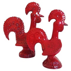 Midcentury Bitossi Aldo Londi Pair of Red Glaze Ceramic Roosters, Italy, 1960s