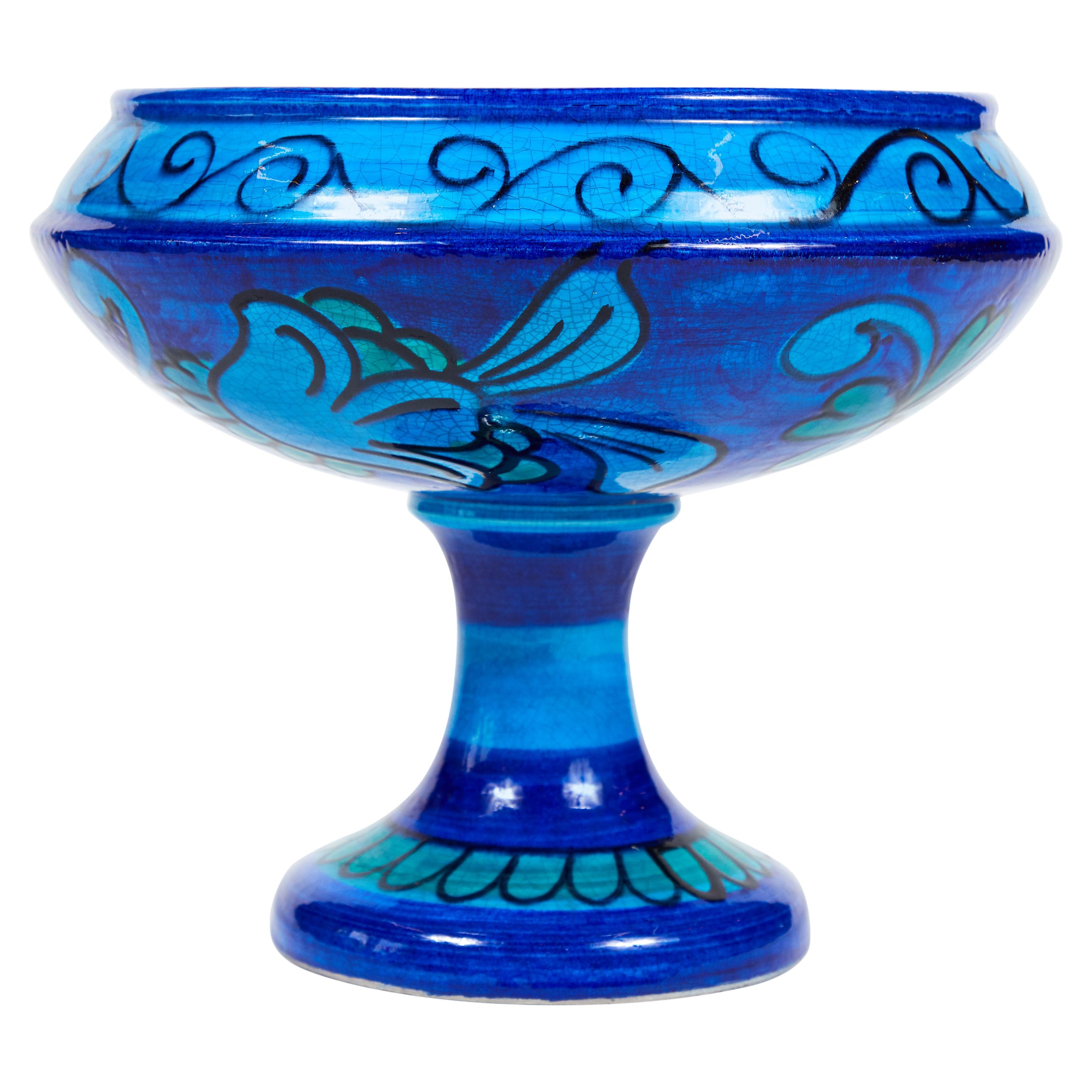 Midcentury Bitossi Italy Tall Footed Bowl in Cobalt Blue at 1stDibs