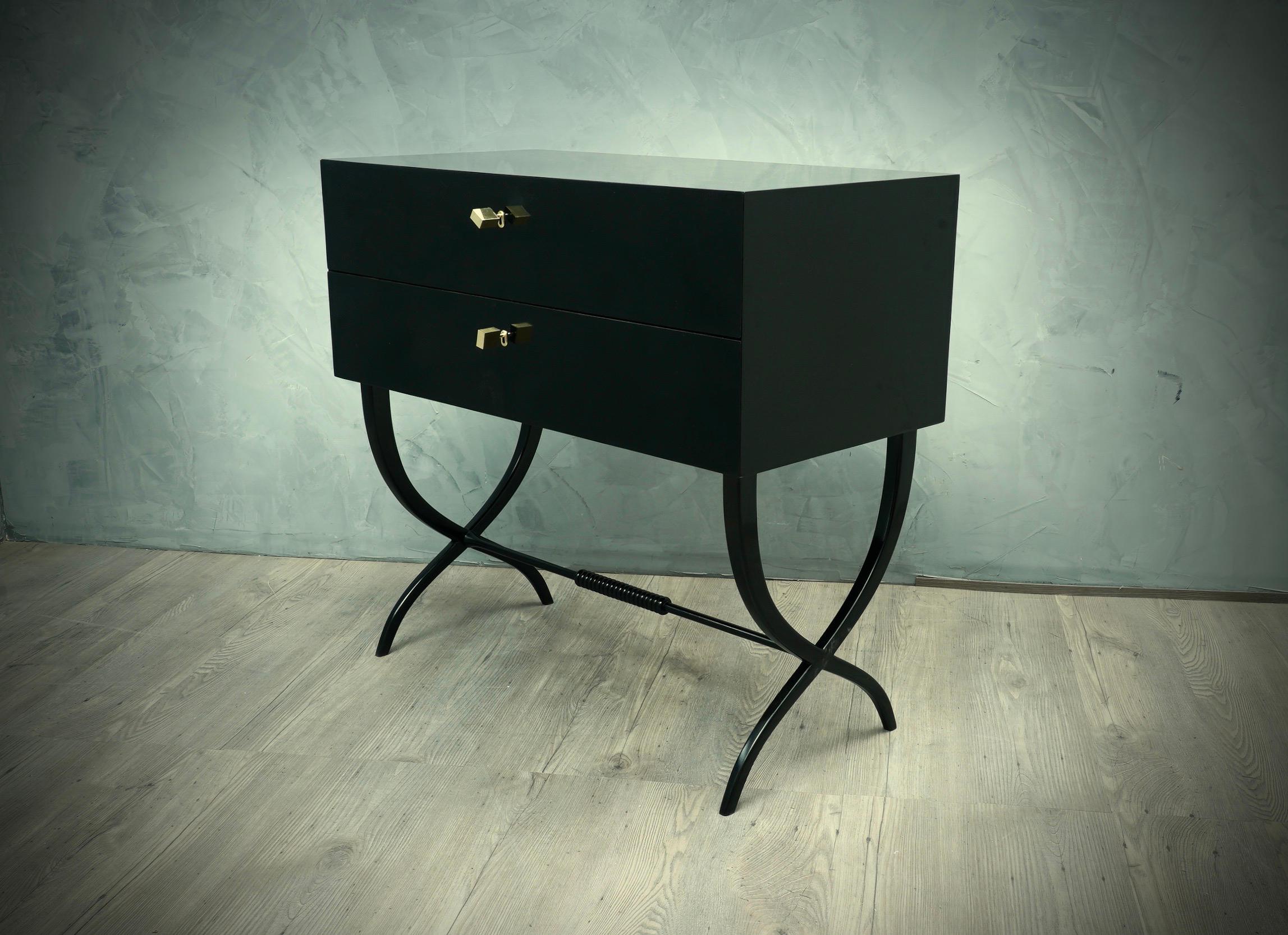 Late 20th Century Midcentury Black and Brass Keys Commodes and Chest of Drawers, 1970 For Sale