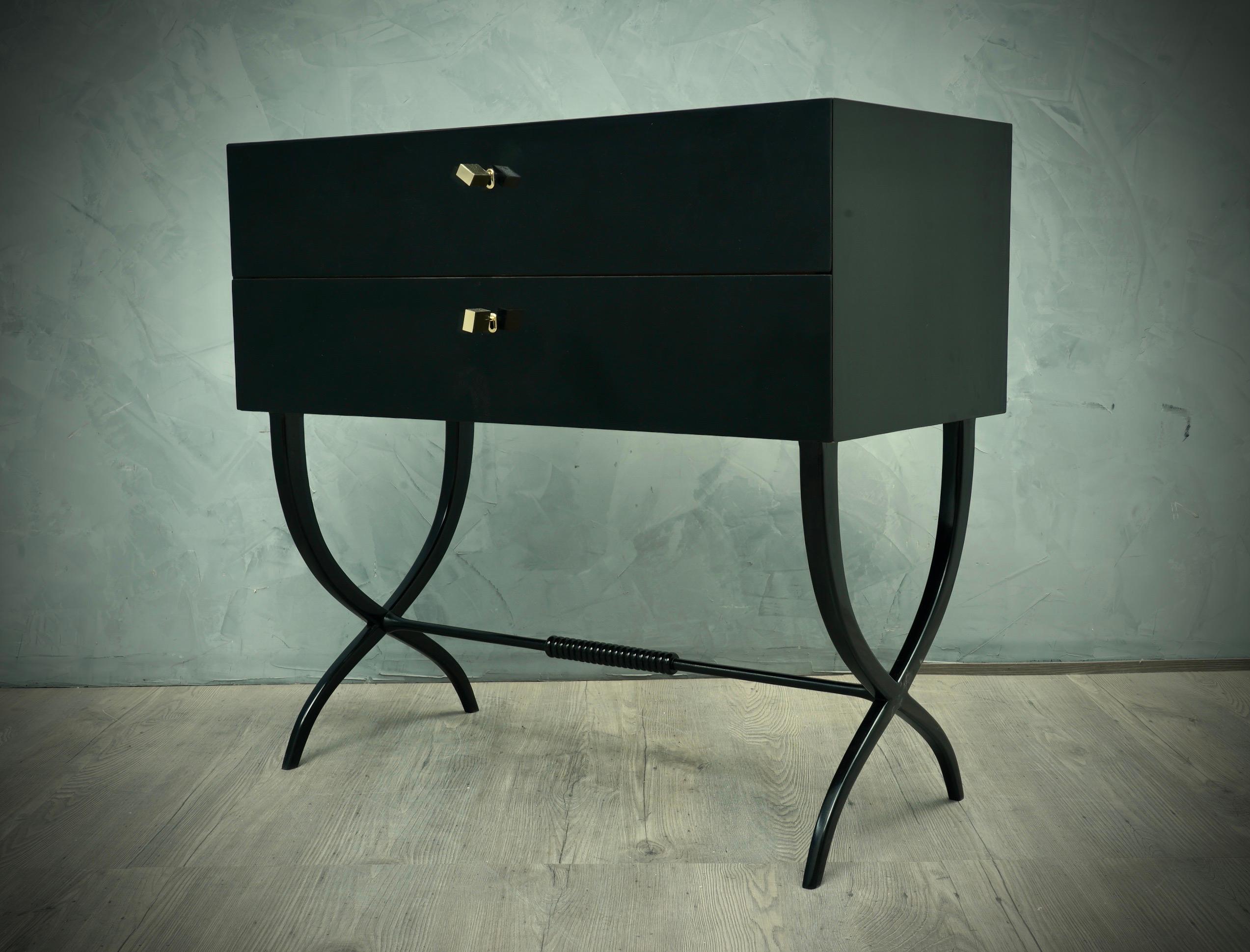 Italian Midcentury Black and Brass Keys Commodes and Chest of Drawers, 1970 For Sale